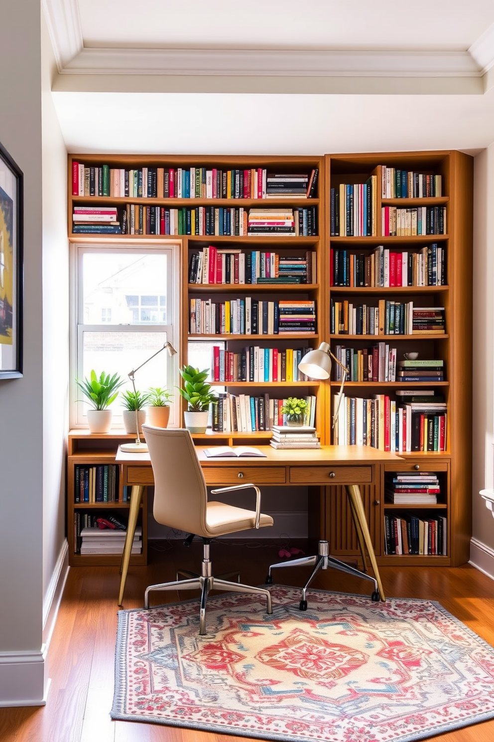 A cozy home office setting with a large wooden bookshelf filled with an array of colorful books. A stylish desk is positioned in front of a window, adorned with a sleek desk lamp and a comfortable chair, creating an inviting workspace. The walls are painted in a soft pastel color, and a decorative rug adds warmth to the wooden floor. Potted plants are placed on the windowsill, bringing a touch of nature and vibrancy to the room.