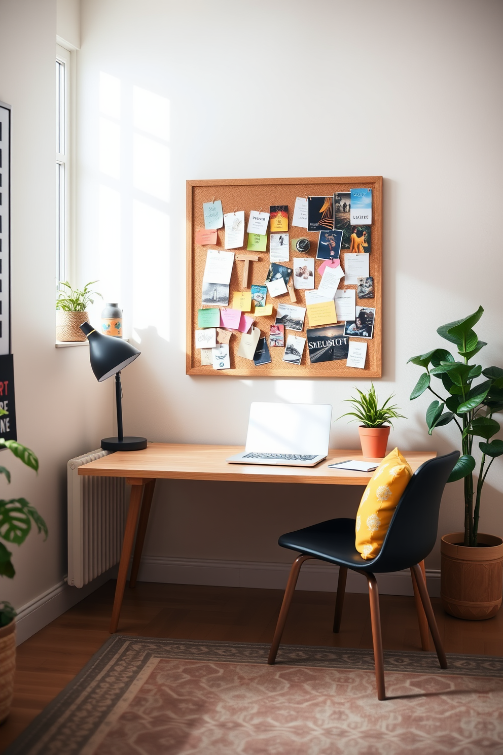 A cheerful home office setting filled with natural light. The walls are painted in a soft pastel color, and a large pinboard covered with colorful notes and images hangs above a sleek wooden desk. On the desk, a stylish laptop sits next to a vibrant potted plant. A cozy chair with a bright cushion invites creativity, while a patterned rug adds warmth to the space.