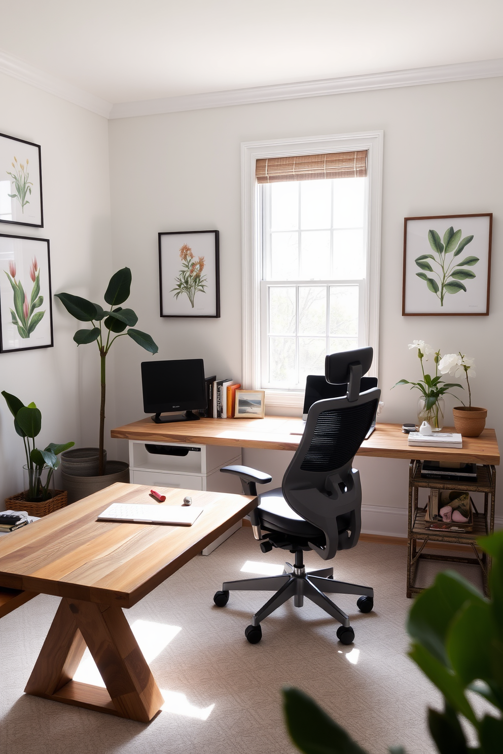 A serene home office space adorned with botanical prints that add a touch of nature to the walls. The desk is made of reclaimed wood, paired with a comfortable ergonomic chair, creating an inviting workspace filled with natural light.