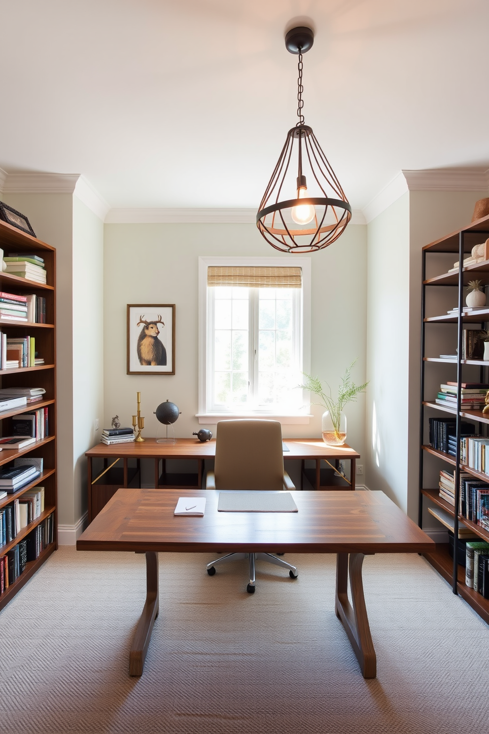 A bright and inviting home office space features a large wooden desk positioned near a window that allows natural light to flood in. A unique light fixture with an artistic design hangs above the desk, adding a touch of personality to the room. The walls are painted in a soft pastel color, creating a calming atmosphere. Stylish shelving units filled with books and decorative items line one side of the room, complementing the overall aesthetic.