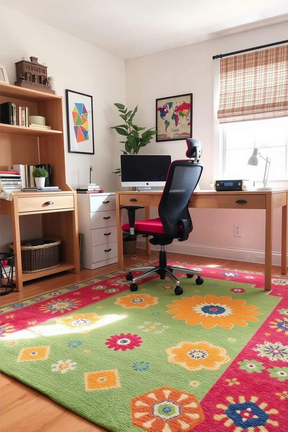 A cheerful area rug brightens the space in a cozy home office. The rug features vibrant colors and playful patterns that complement the light wood desk and ergonomic chair.