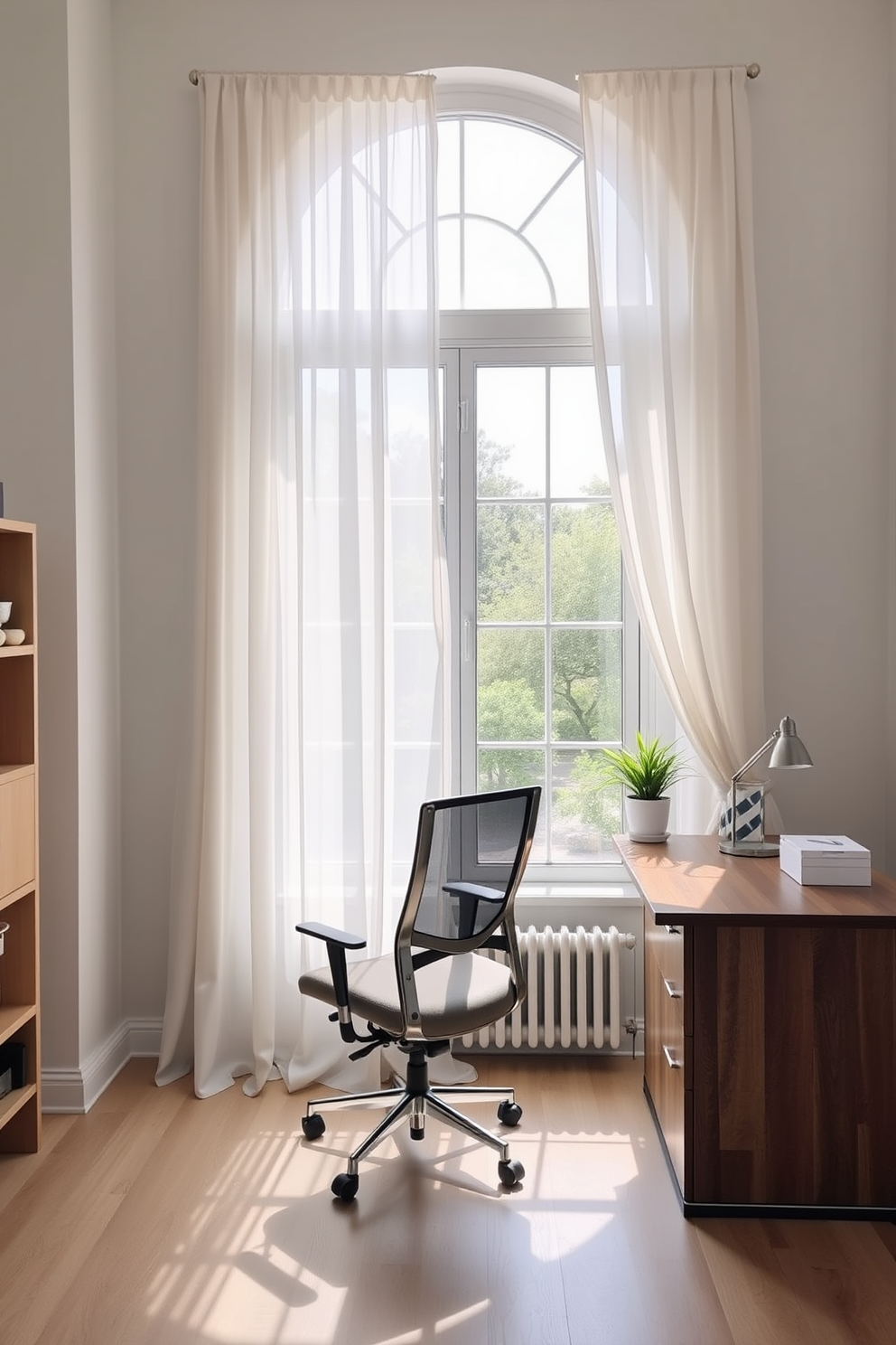 A bright and inviting home office filled with natural light. The space features a large window adorned with light and airy curtains that flutter gently in the breeze. A sleek wooden desk sits against the wall, complemented by a comfortable ergonomic chair. On the desk, there are stylish organizers and a small potted plant, adding a touch of greenery to the decor.