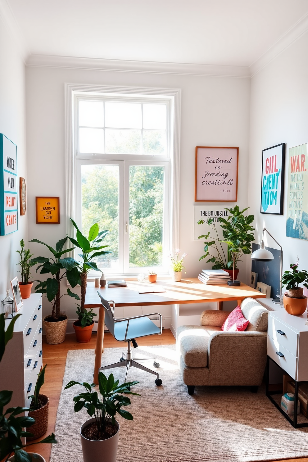 A bright and airy home office with motivational quotes displayed on the walls. The decor features a large wooden desk with a sleek chair, surrounded by potted plants and colorful artwork that inspires creativity. Natural light floods the space through a large window, illuminating a cozy reading nook with a comfortable armchair and a small bookshelf. The color palette includes soft pastels and vibrant accents, creating an inviting atmosphere that encourages productivity and positivity.