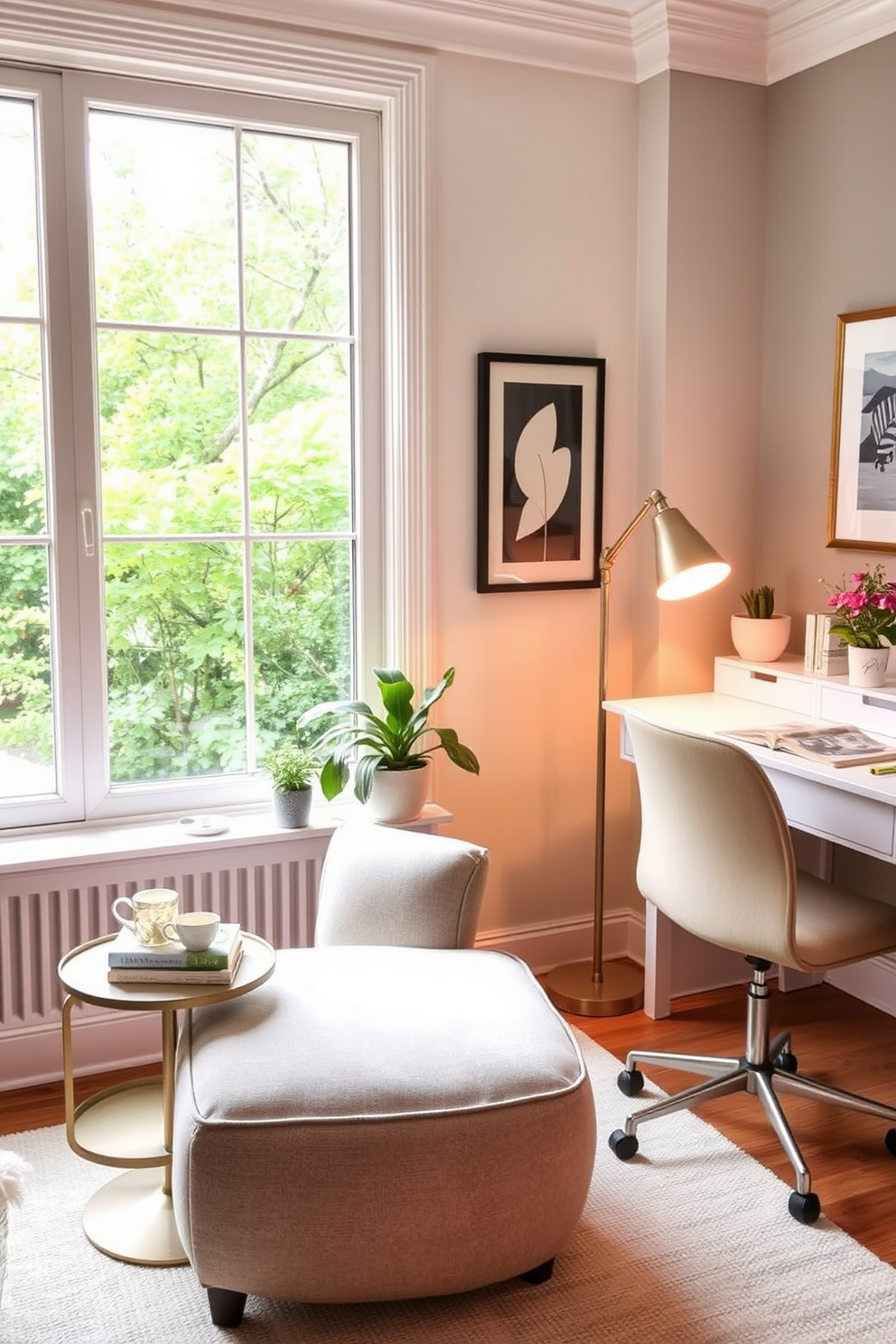 A cozy reading nook features a plush armchair in a soft fabric, positioned next to a large window that allows natural light to flood the space. A small side table holds a steaming cup of tea and a stack of books, while a floor lamp with a warm glow provides additional lighting for evening reading. For spring home office decorating ideas, consider a bright color palette that includes pastel shades and fresh greenery. A stylish desk with clean lines is paired with a comfortable chair, and decorative accents like framed artwork and potted plants add personality to the workspace.