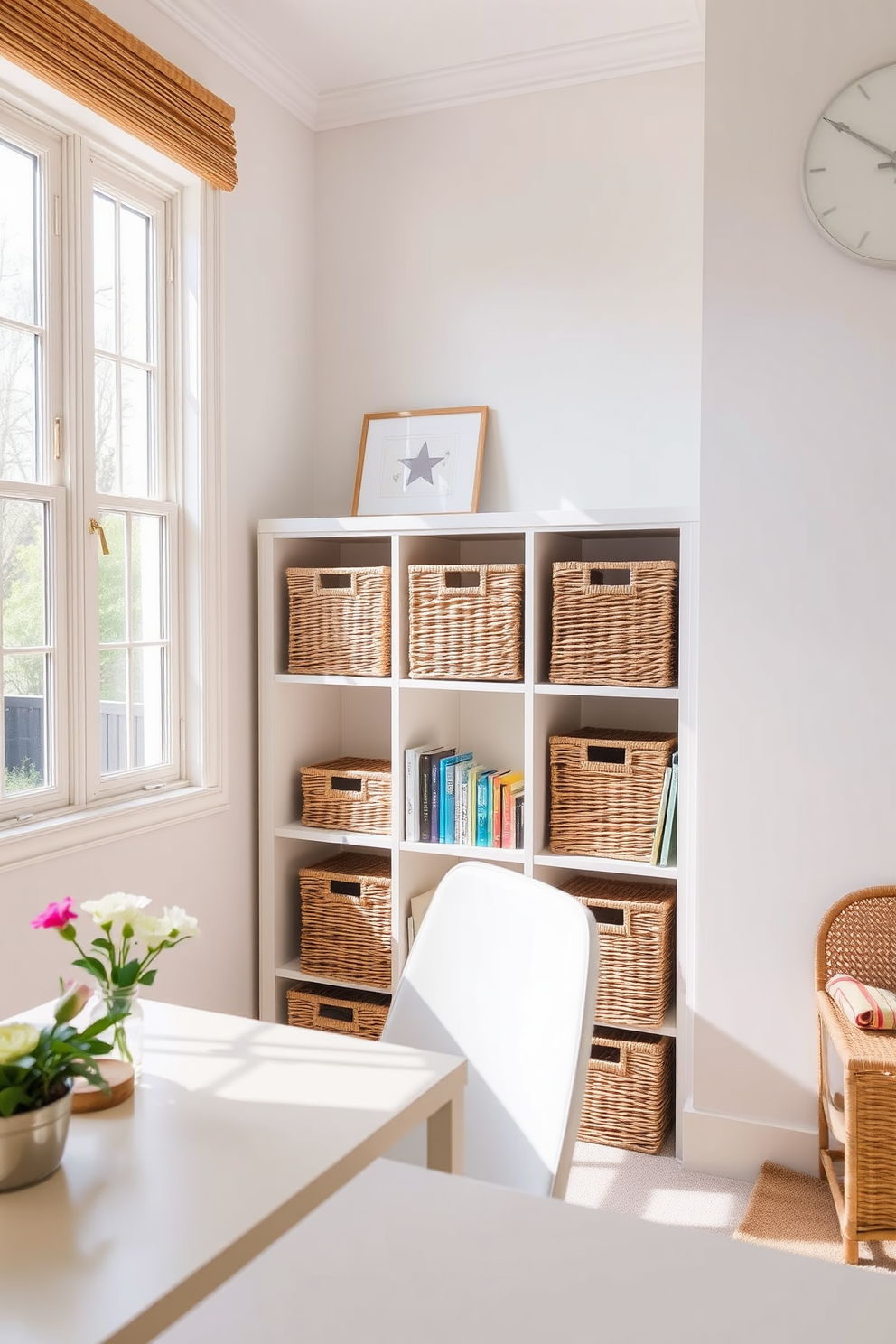 A serene home office setting. There are wicker baskets neatly arranged on shelves, providing stylish storage for books and supplies. The walls are painted in a soft pastel hue, creating a calming atmosphere. A large window allows natural light to flood the space, enhancing the vibrant decor.