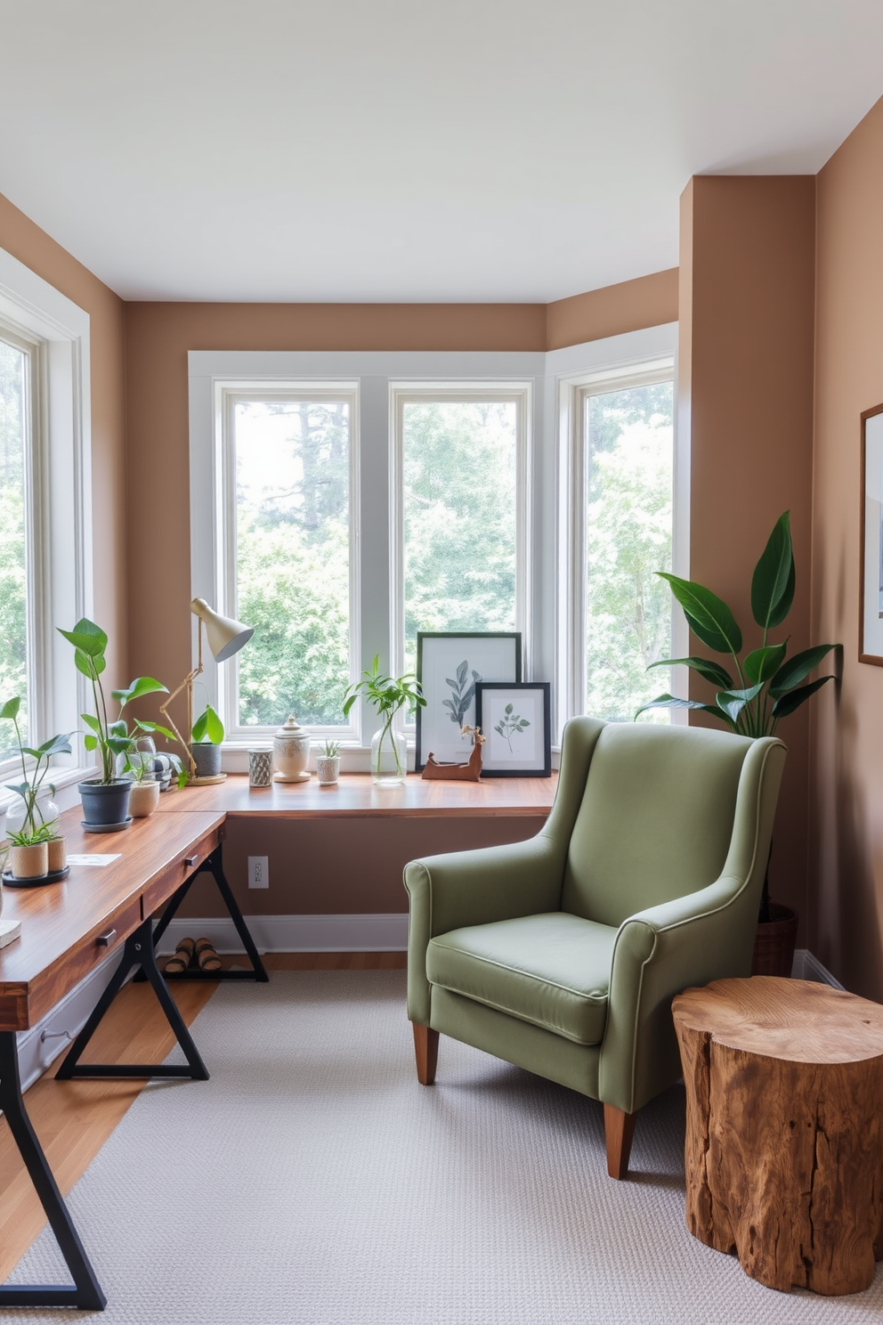 A serene home office space bathed in natural light. The walls are painted in soft earth tones, complemented by a wooden desk adorned with potted plants and botanical prints. A cozy reading nook features a plush armchair in a muted green fabric, paired with a small side table made of reclaimed wood. Large windows allow views of lush greenery outside, enhancing the nature-inspired ambiance.