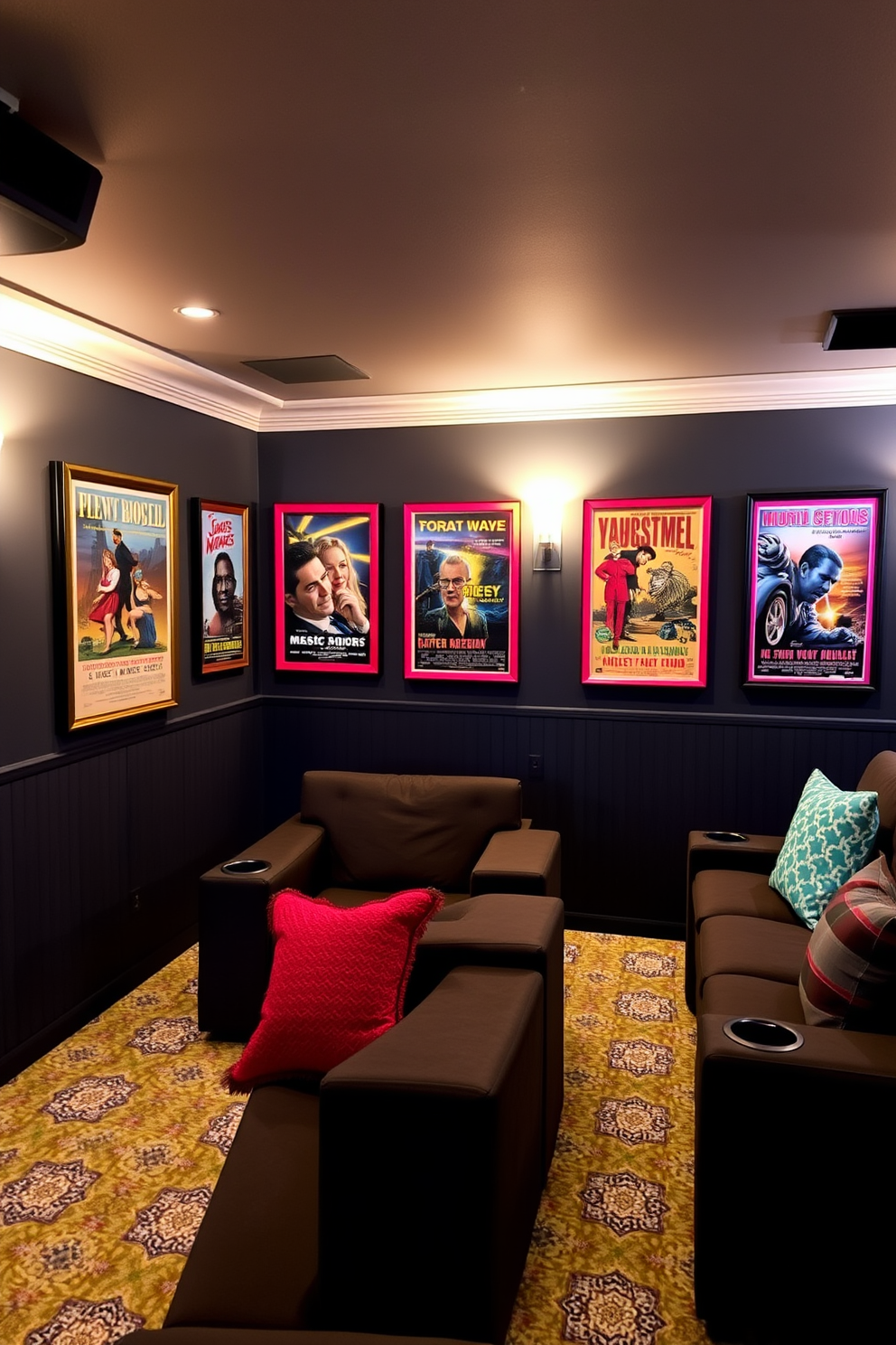 A cozy home theater adorned with vintage movie posters in bright frames that add a pop of color to the walls. Plush seating arranged for optimal viewing comfort, complemented by soft lighting that creates an inviting atmosphere.