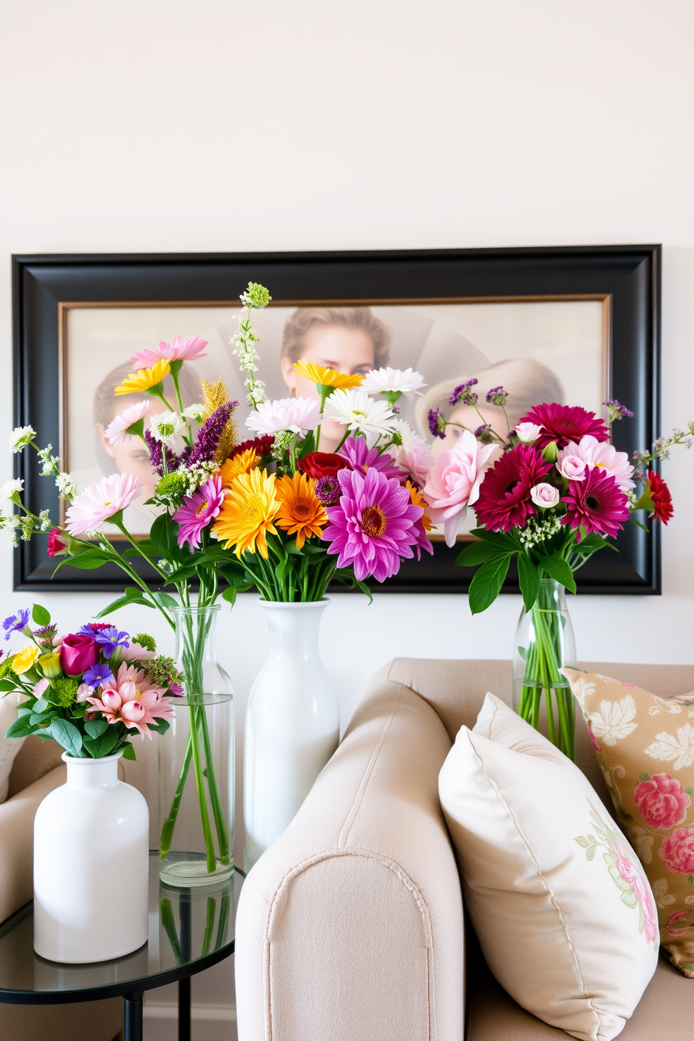 DIY flower arrangements on side tables. A variety of colorful blooms in mismatched vases create a vibrant and inviting atmosphere. Spring Home Theater Decorating Ideas. Soft pastel colors and floral accents enhance the cozy ambiance, while plush seating and decorative cushions invite relaxation.