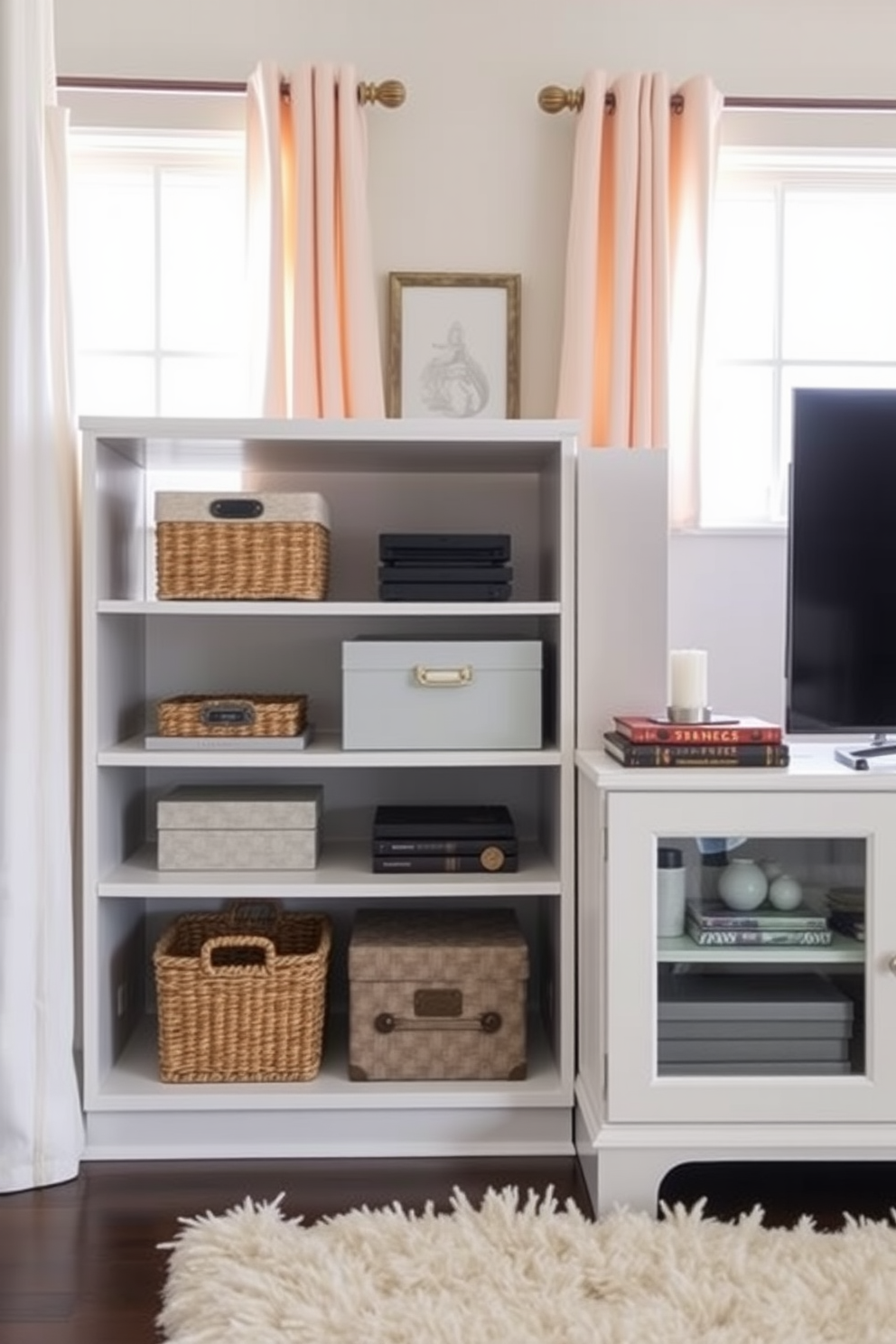 Chic storage solutions for media items. A sleek entertainment unit with open shelving displays stylish baskets and decorative boxes to keep clutter at bay. Spring Home Theater Decorating Ideas. Soft pastel curtains frame the windows, while a plush area rug adds warmth to the space, creating an inviting atmosphere for movie nights.