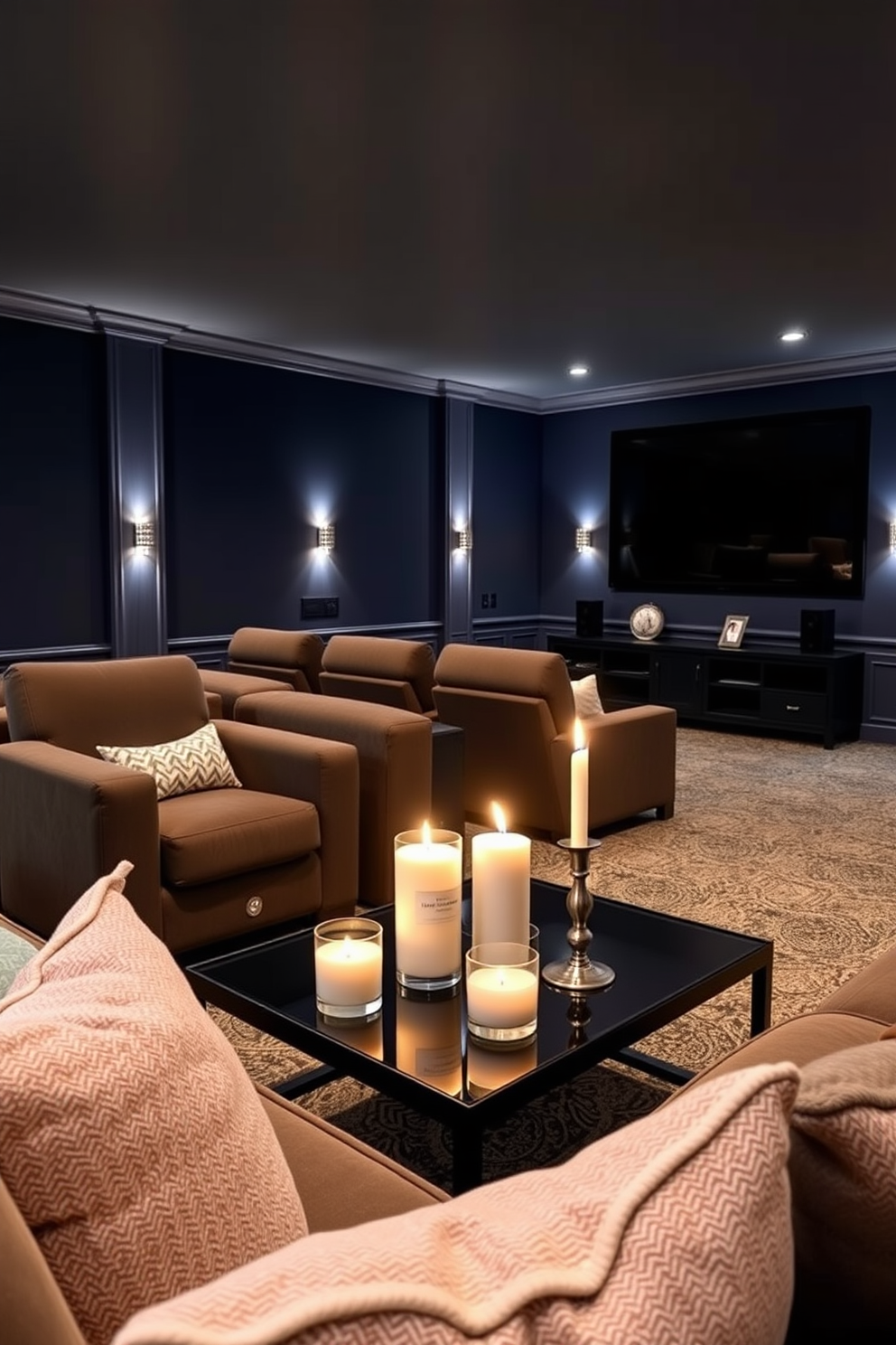 A cozy home theater with plush seating and soft ambient lighting. The walls are painted in a deep navy blue, and a large screen is mounted on the opposite wall. Refreshing scented candles in spring scents are placed on a stylish coffee table. The room features decorative throw pillows in pastel colors, creating a welcoming atmosphere.