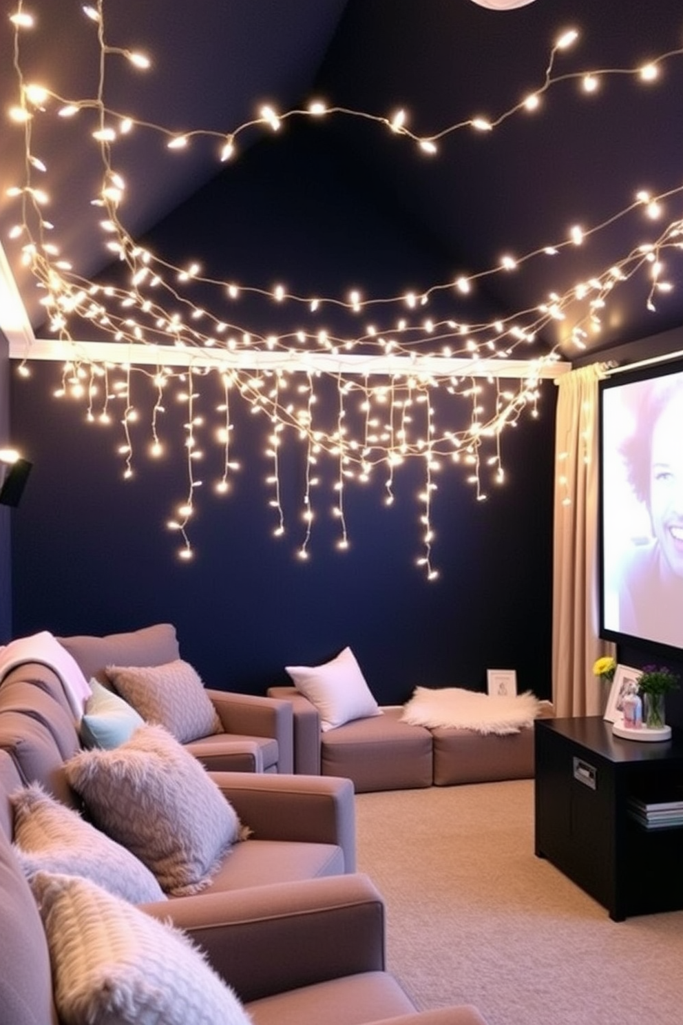 A cozy home theater adorned with hanging fairy lights creates a whimsical atmosphere. The walls are painted in a deep navy blue, and plush seating options are arranged for optimal viewing comfort. Soft, ambient lighting from the fairy lights enhances the space, adding a magical glow. Accents of pastel colors in the decor bring a refreshing spring vibe to the overall design.