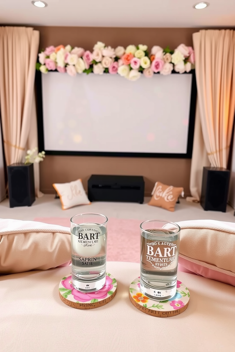 Spring themed coasters for drinks. The coasters are made of natural cork and feature vibrant floral patterns in pastel colors. Spring home theater decorating ideas. The space is adorned with soft pastel curtains and cushions, complemented by a large screen framed with faux flowers.