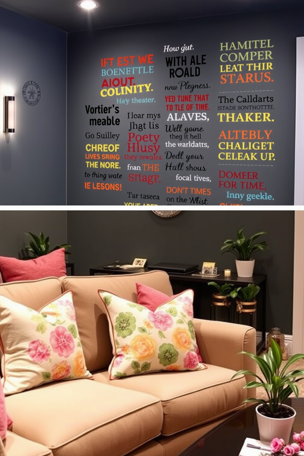 Custom wall decals featuring iconic movie quotes create an inspiring atmosphere in your home theater. The walls are adorned with vibrant decals that reflect your favorite films, enhancing the cinematic experience. Spring home theater decorating ideas include plush seating in pastel colors and floral-patterned throw pillows. Soft lighting and decorative elements like potted plants bring a fresh and inviting feel to the space.