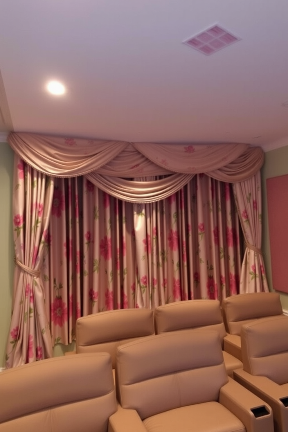 Floral patterned curtains drape elegantly from the ceiling to the floor, adding a vibrant touch to the room. The curtains feature a mix of pastel colors that complement the overall decor, creating a cheerful and inviting atmosphere. The home theater is designed with plush seating arranged for optimal viewing, ensuring comfort during movie nights. Soft lighting and acoustic panels enhance the experience, making it a perfect retreat for entertainment.