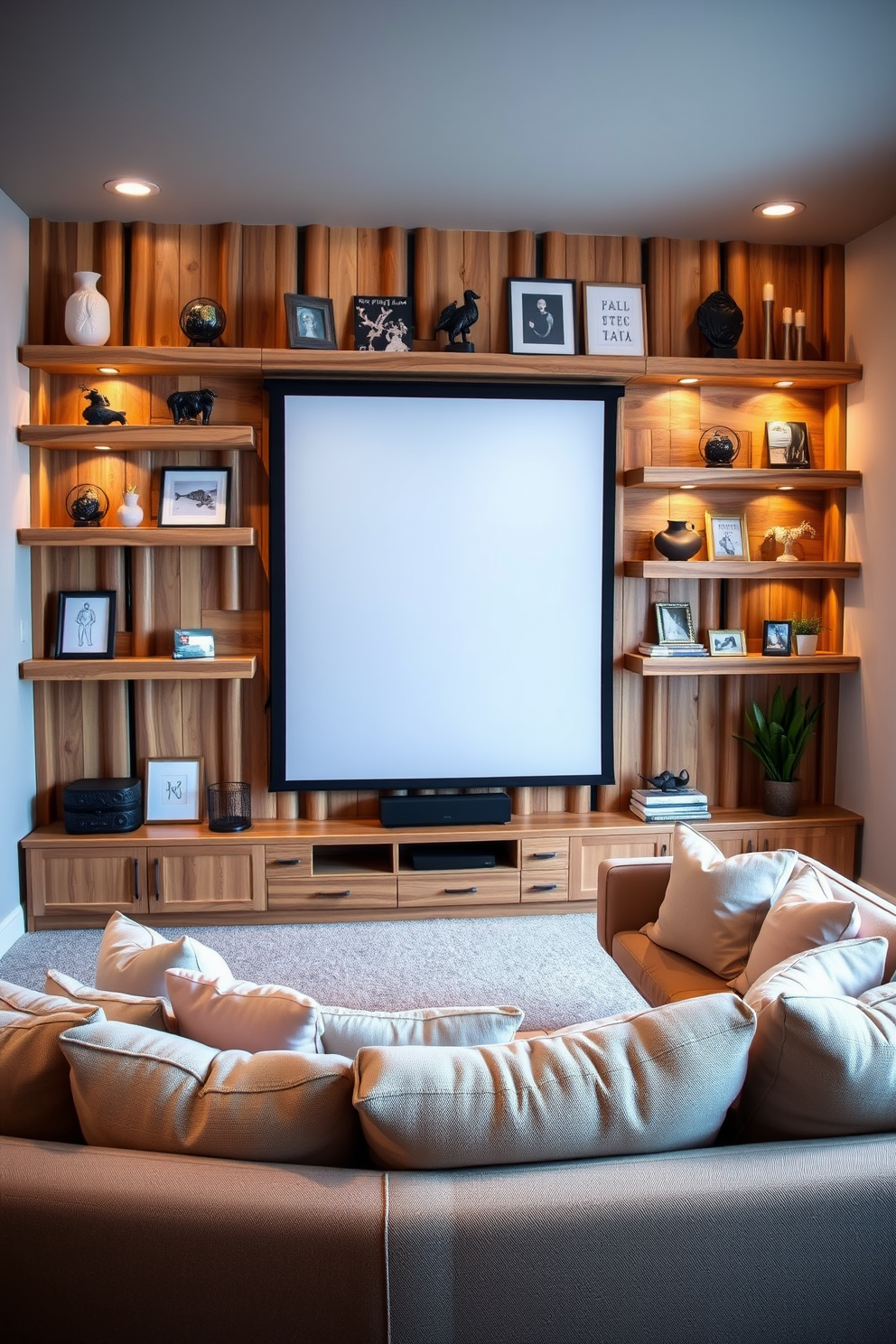 Artistic shelving for displaying collectibles. The shelves are made of reclaimed wood with a natural finish, arranged in an asymmetrical pattern on a feature wall. Spring Home Theater Decorating Ideas. The space features a plush sectional sofa with pastel-colored cushions, complemented by a large screen framed in light wood, and soft ambient lighting enhances the cozy atmosphere.