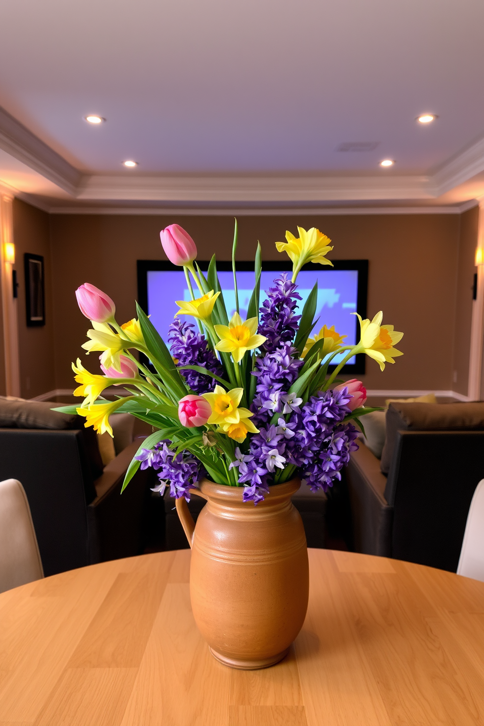 A vibrant table centerpiece adorned with fresh spring flowers in a variety of colors. The arrangement features tulips, daffodils, and hyacinths, artfully displayed in a rustic ceramic vase. A cozy home theater designed for relaxation and entertainment. Plush seating is arranged in a semi-circle, complemented by soft ambient lighting and a large screen for movie nights.