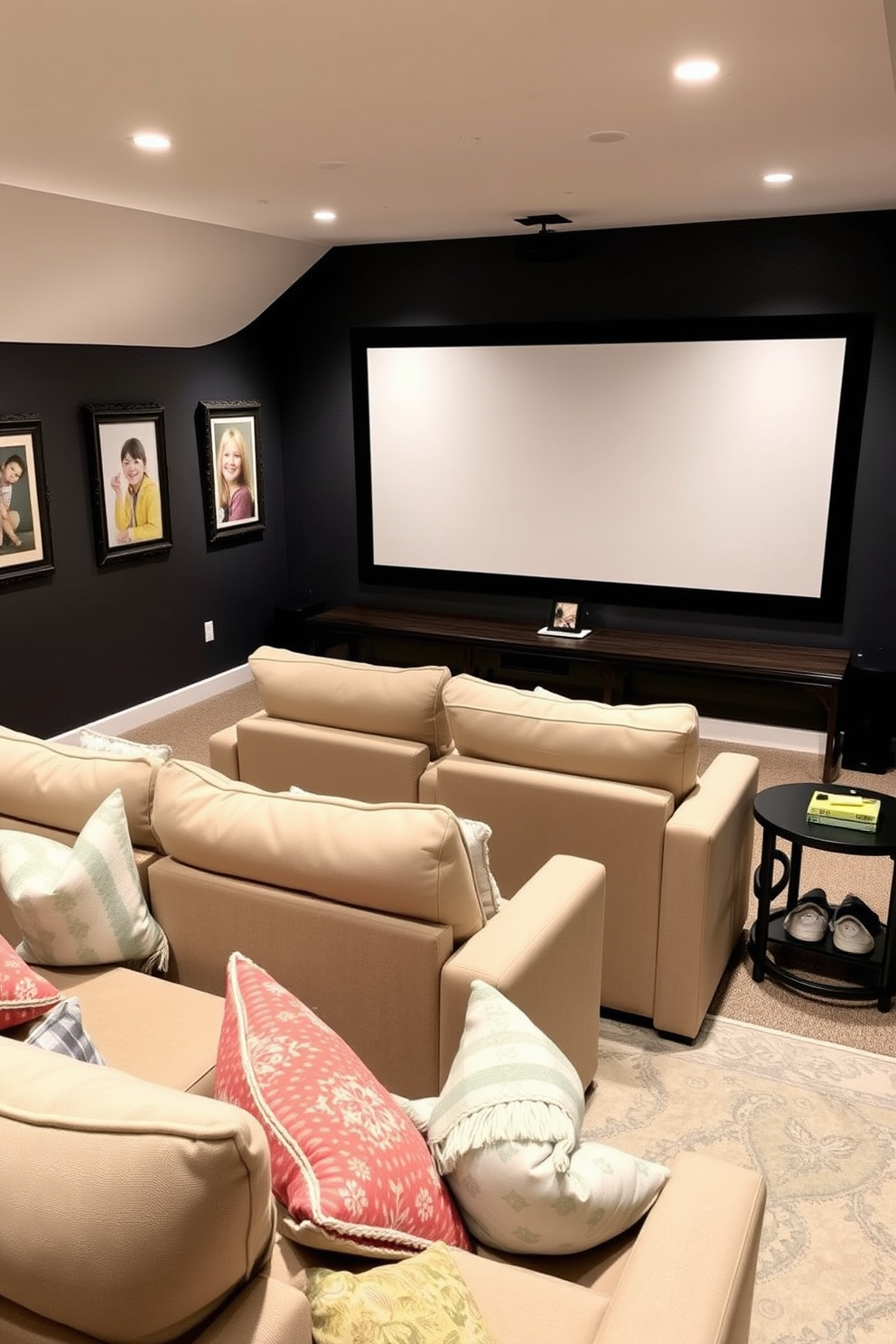 A cozy home theater setting featuring plush seating arranged for optimal viewing. The walls are adorned with framed family photos in spring frames, adding a personal touch to the space. Soft lighting creates an inviting atmosphere, while a large screen is the focal point of the room. Decorative accents like throw pillows and a stylish rug enhance the comfort and aesthetic appeal of the home theater.