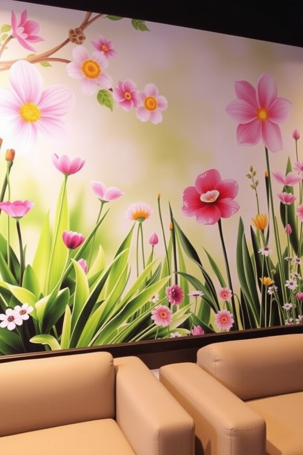 Spring themed wall murals featuring vibrant flowers and lush greenery create a refreshing atmosphere in any room. The murals should incorporate soft pastel colors and whimsical designs that evoke the essence of spring. For a home theater, consider a cozy layout with plush seating and ambient lighting that enhances the viewing experience. Incorporate soundproofing elements and stylish decor that reflects a cinematic theme while maintaining comfort and elegance.