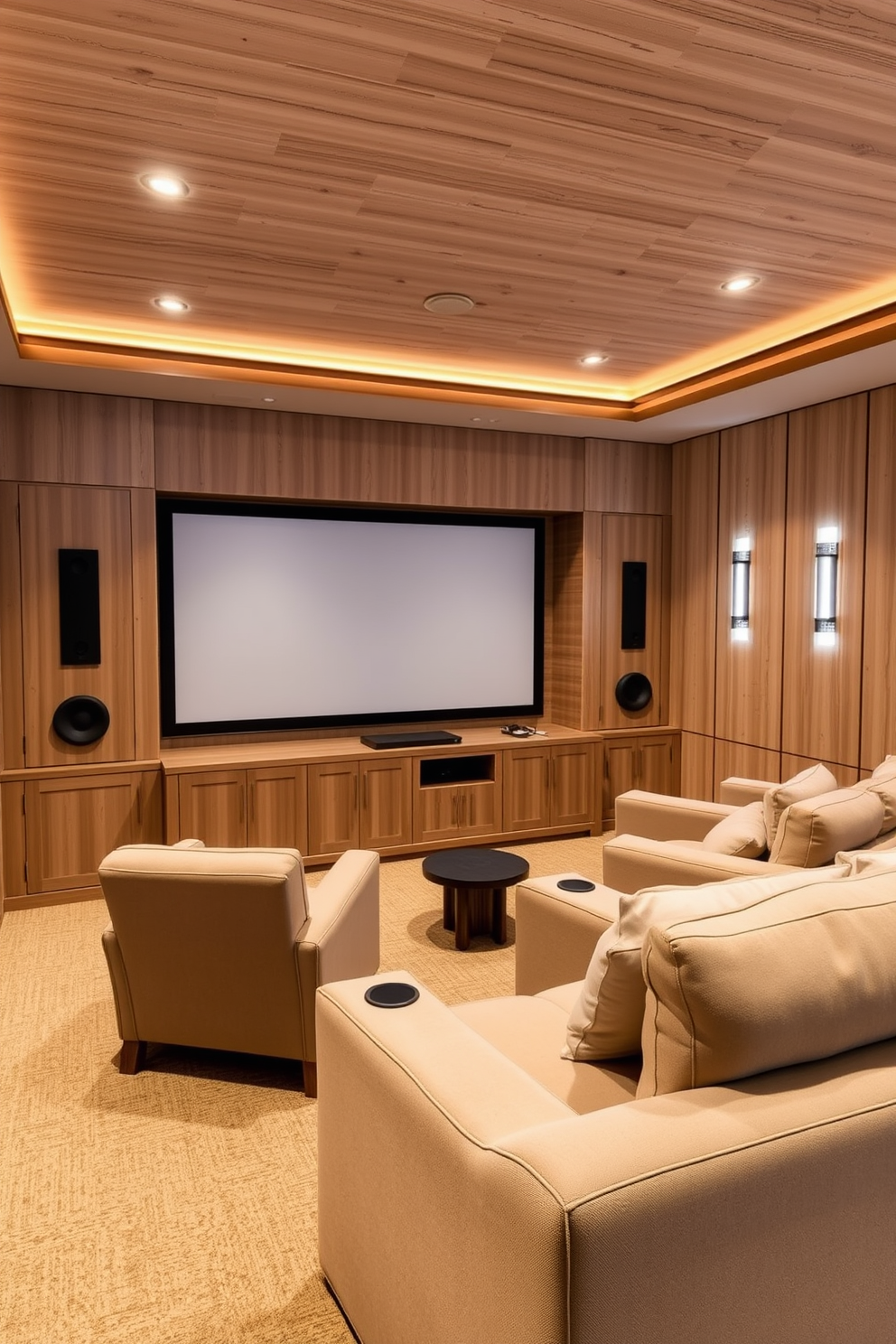 A cozy home theater space with light wood finishes creates a warm and inviting atmosphere. Plush seating in neutral tones is arranged for optimal viewing, complemented by soft ambient lighting. The walls are adorned with acoustic panels in a light wood texture, enhancing both aesthetics and sound quality. A large screen is framed by elegant wooden cabinetry, housing media equipment and decorative elements.