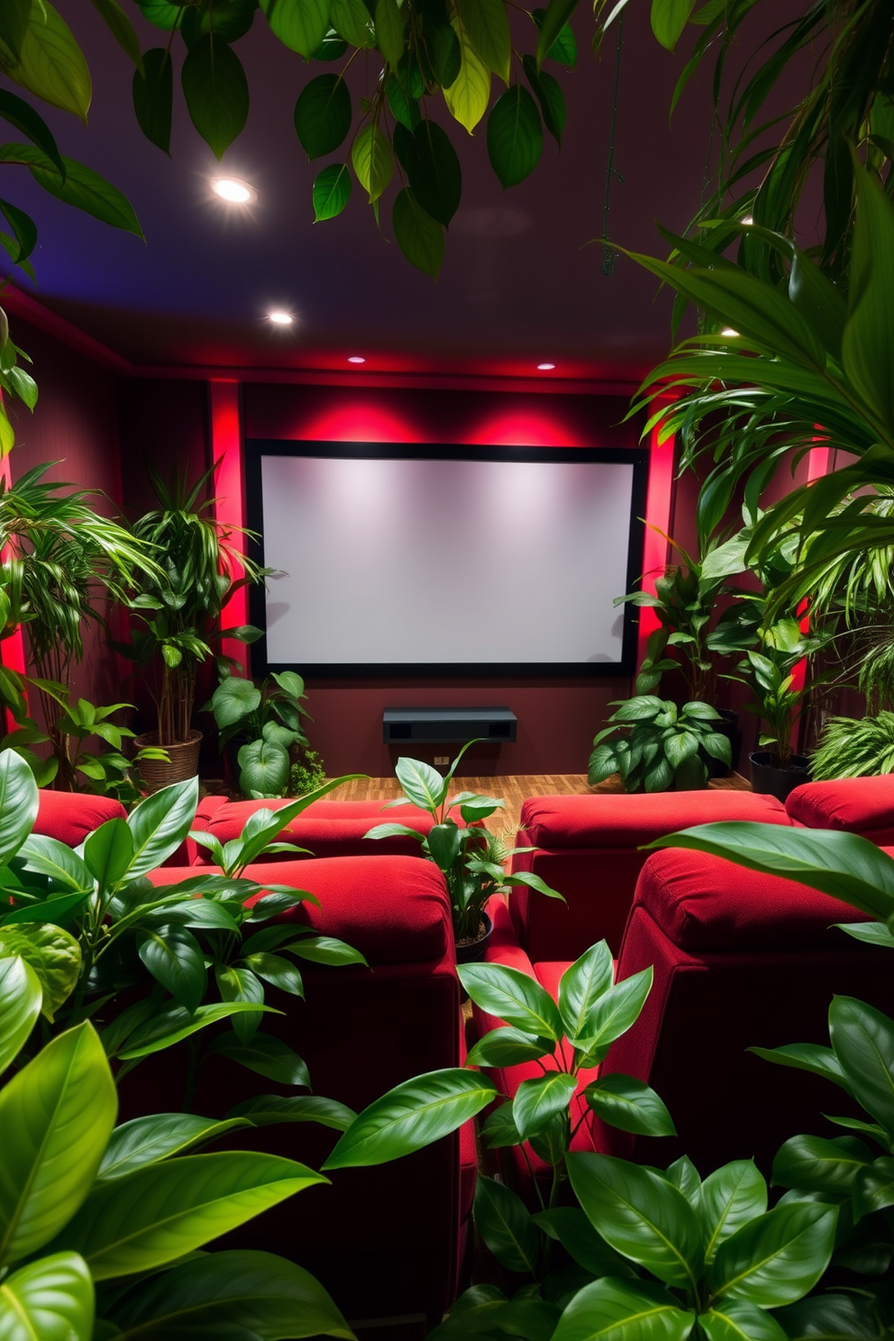 A vibrant home theater setting filled with lush green indoor plants. The plants are strategically placed around the room to create a lively and refreshing atmosphere. The seating area features plush, comfortable chairs in a rich color. A large screen is mounted on the wall, surrounded by soft lighting that enhances the cozy ambiance.