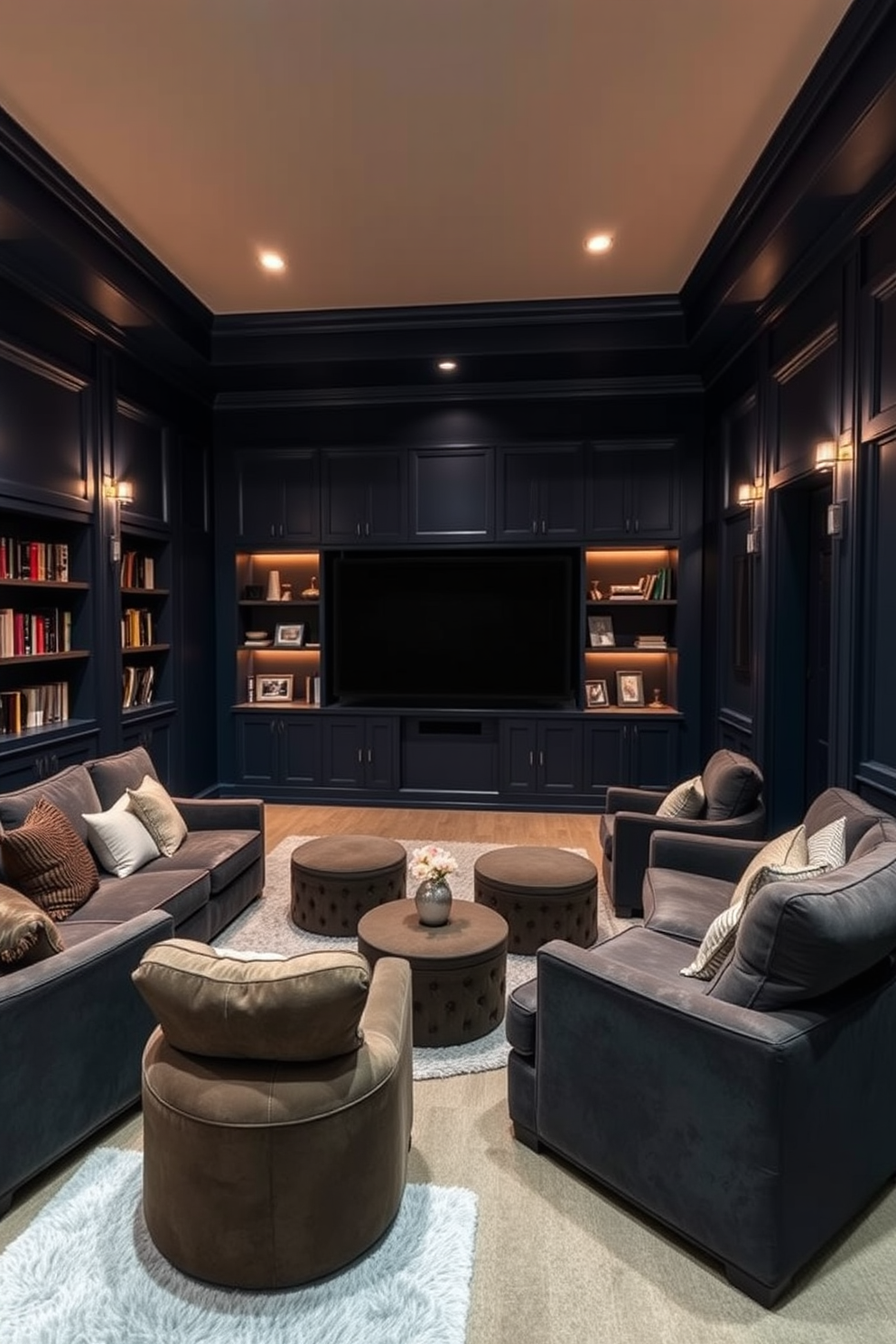 A cozy home theater with plush seating arranged in a semi-circle. The walls are painted in a deep navy blue, and soft area rugs in light grey are placed underfoot for added comfort. The room features a large screen mounted on the wall, surrounded by built-in shelves filled with books and decorative items. Ambient lighting is installed to create a warm and inviting atmosphere, perfect for movie nights.