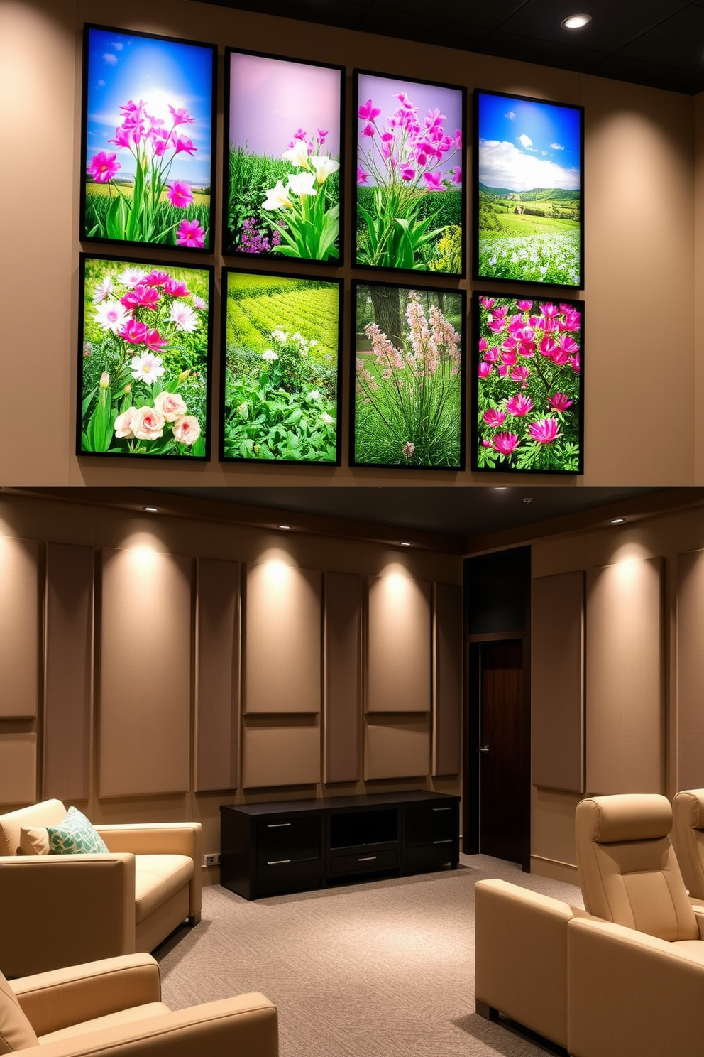 A stunning wall art display featuring vibrant spring landscapes. The artwork showcases blooming flowers and lush greenery, creating a refreshing atmosphere in the room. An inviting home theater designed for comfort and style. Plush seating is arranged for optimal viewing, complemented by soft lighting and acoustic wall panels for an immersive experience.