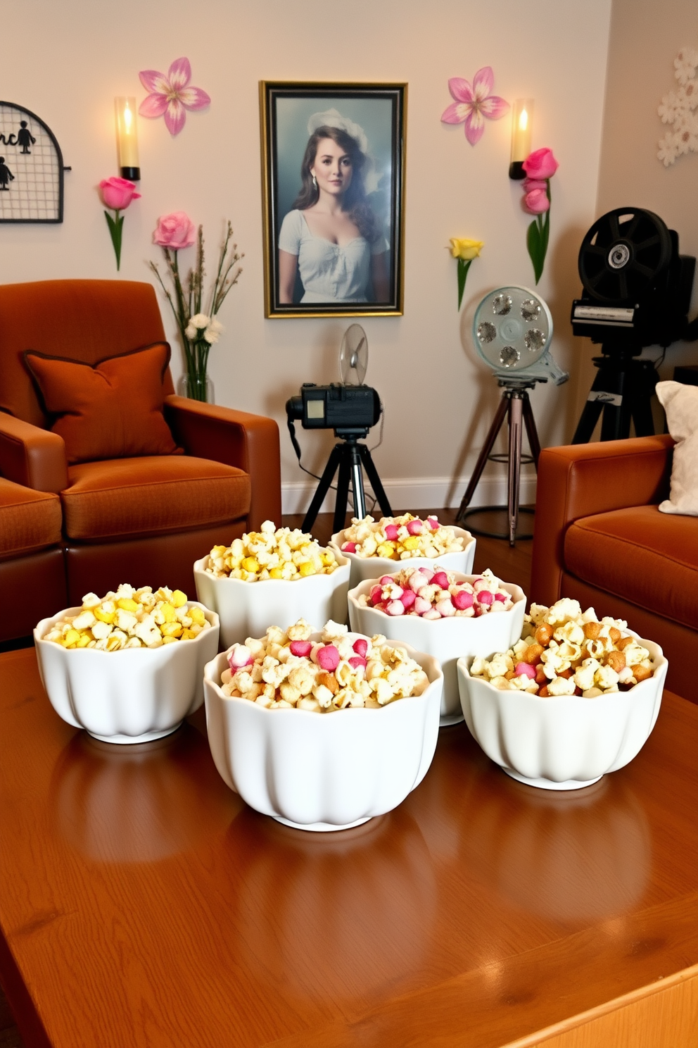 Decorative popcorn bowls arranged on a cozy coffee table set in a stylish home theater. The bowls are filled with colorful popcorn varieties, surrounded by plush seating and soft lighting for an inviting movie night atmosphere. Spring-themed decorations adorn the walls, featuring fresh flowers and pastel accents. A vintage film projector adds a touch of nostalgia, enhancing the overall ambiance of the space.