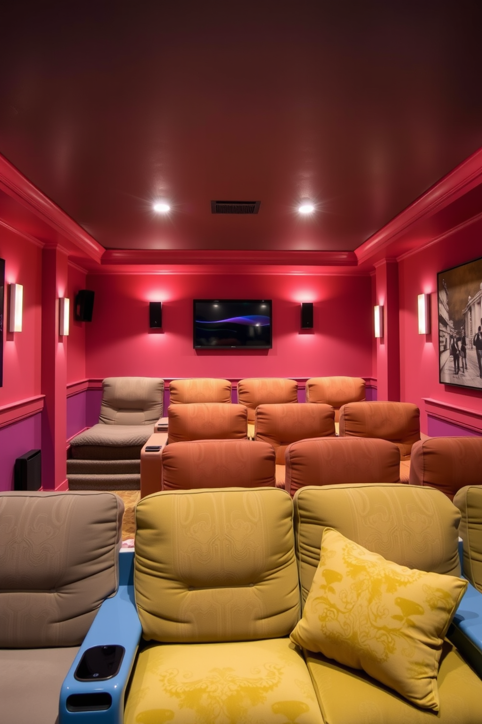 A cozy home theater with colorful wall paint in soft hues creates a welcoming atmosphere. Plush seating in vibrant fabrics is arranged for optimal viewing, complemented by soft lighting that enhances the relaxing vibe.