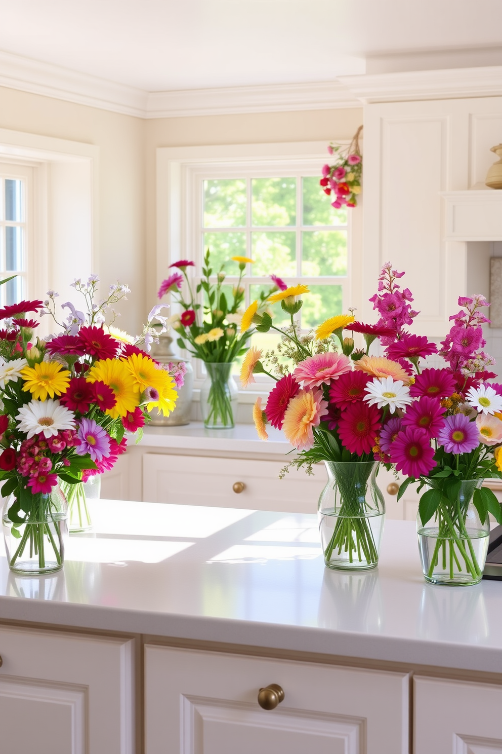 A bright and airy kitchen filled with fresh flowers in colorful vases. The countertops are adorned with an assortment of vibrant blooms, creating a cheerful and inviting atmosphere. The cabinets are painted in a soft pastel hue, complementing the lively floral arrangements. Sunlight streams through the windows, enhancing the freshness of the spring decor.