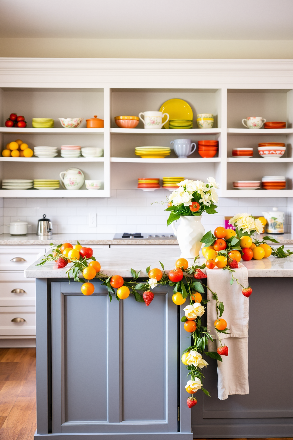 A vibrant seasonal fruit garland drapes elegantly across the kitchen island, showcasing an array of colorful fruits like oranges, lemons, and strawberries. The garland is complemented by fresh greenery, adding a touch of nature and brightness to the spring kitchen decor. Brightly colored dishware is arranged on open shelves, featuring floral patterns that reflect the cheerful essence of spring. Soft pastel accents in the kitchen linens enhance the inviting atmosphere, creating a warm and welcoming space for gatherings.