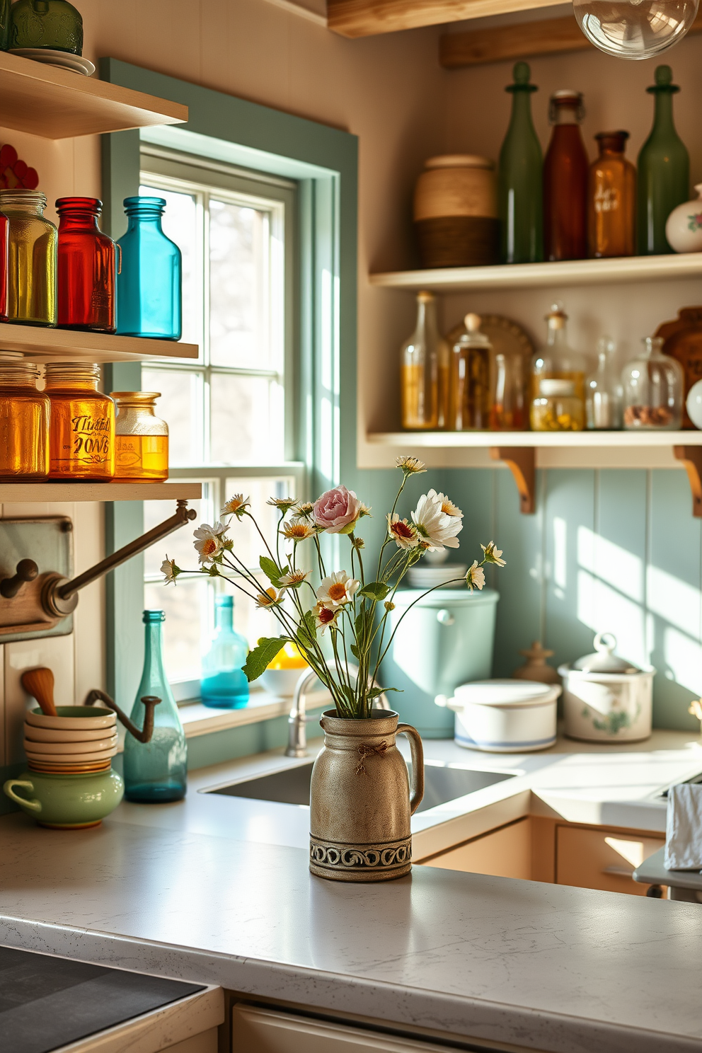 A charming kitchen filled with vintage glassware that adds a nostalgic touch. The shelves are adorned with an array of colorful glass jars and bottles, reflecting the warm sunlight streaming through the window. Fresh flowers in a rustic vase sit on the countertop, complementing the vintage theme. The kitchen features pastel-colored accents and cheerful decor that evoke the essence of spring.