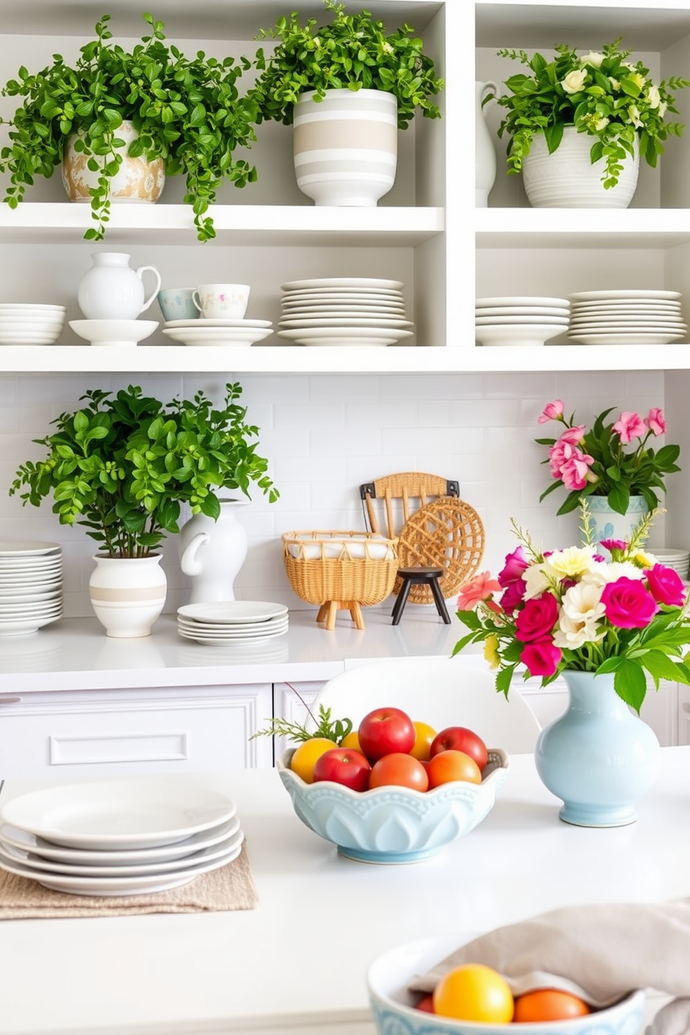 Chic ceramic planters filled with lush greenery are placed on open shelving in a bright and airy kitchen. The planters feature a mix of modern and traditional designs, adding a touch of elegance and life to the space. Spring kitchen decorating ideas include pastel-colored dishware and fresh floral arrangements on the dining table. The countertops are adorned with seasonal fruits in decorative bowls, creating a warm and inviting atmosphere.