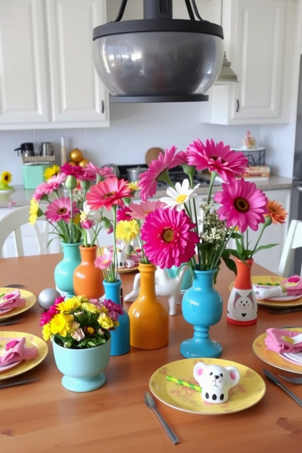 Whimsical table centerpieces adorned with vibrant blooms create a cheerful atmosphere in a spring kitchen. The table is set with a mix of colorful vases, each filled with fresh flowers, surrounded by playful decorative elements that reflect the season.