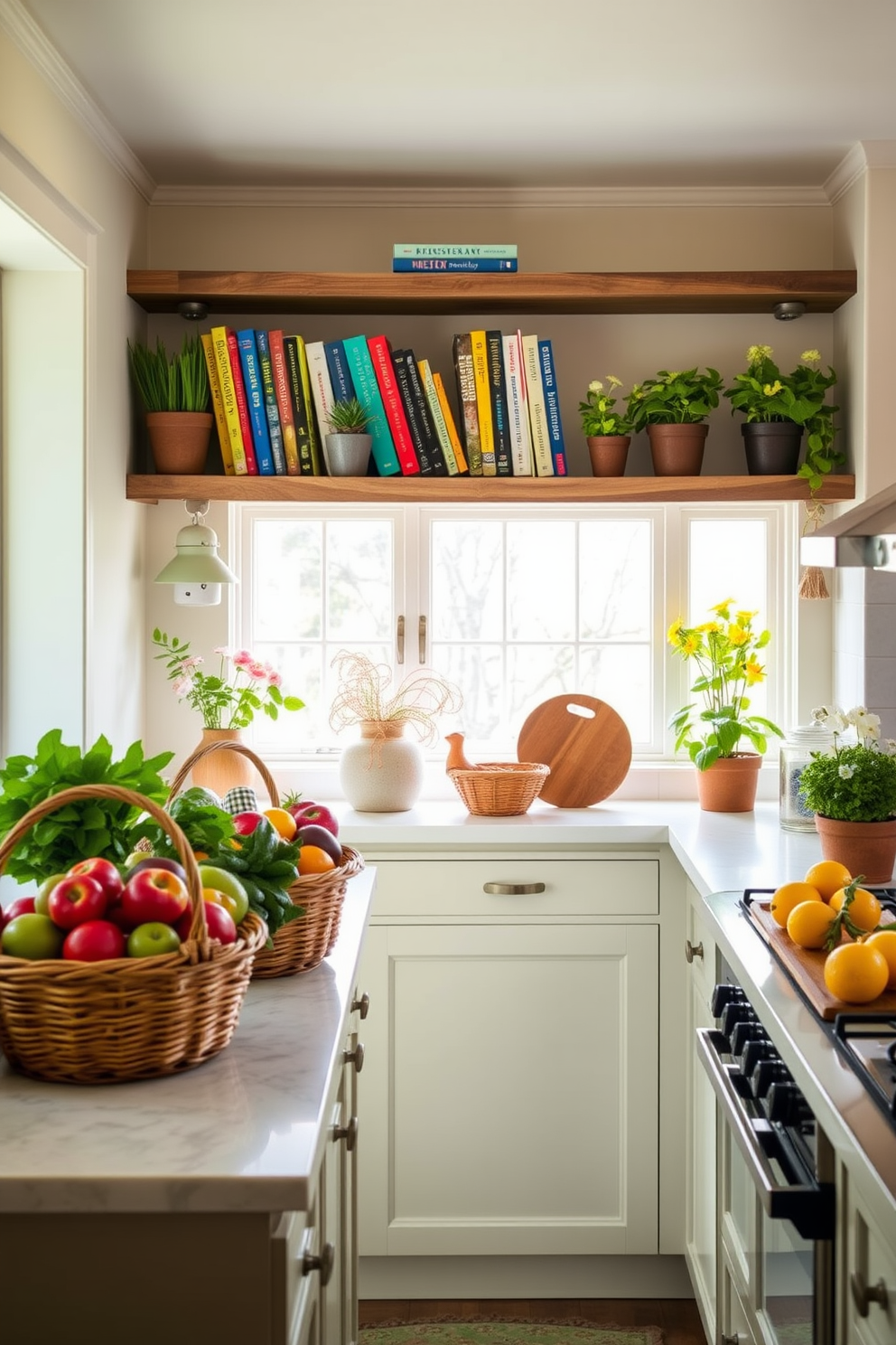 A bright and airy kitchen filled with natural light. The countertops are adorned with woven baskets overflowing with fresh fruits and vegetables, adding a vibrant touch to the space. The walls are painted in a soft pastel color, creating a cheerful atmosphere. Rustic wooden shelves display colorful cookbooks and potted herbs, enhancing the springtime decor.