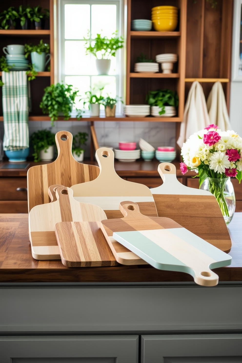 Stylish cutting boards are arranged artfully on a wooden countertop, showcasing a variety of shapes and sizes. The backdrop features open shelving filled with fresh herbs and colorful dishware, creating a vibrant and inviting atmosphere. Incorporate seasonal elements like pastel-colored kitchen towels and a vase of blooming flowers to enhance the spring theme. Natural light streams in through a window, illuminating the space and highlighting the textures of the cutting boards.