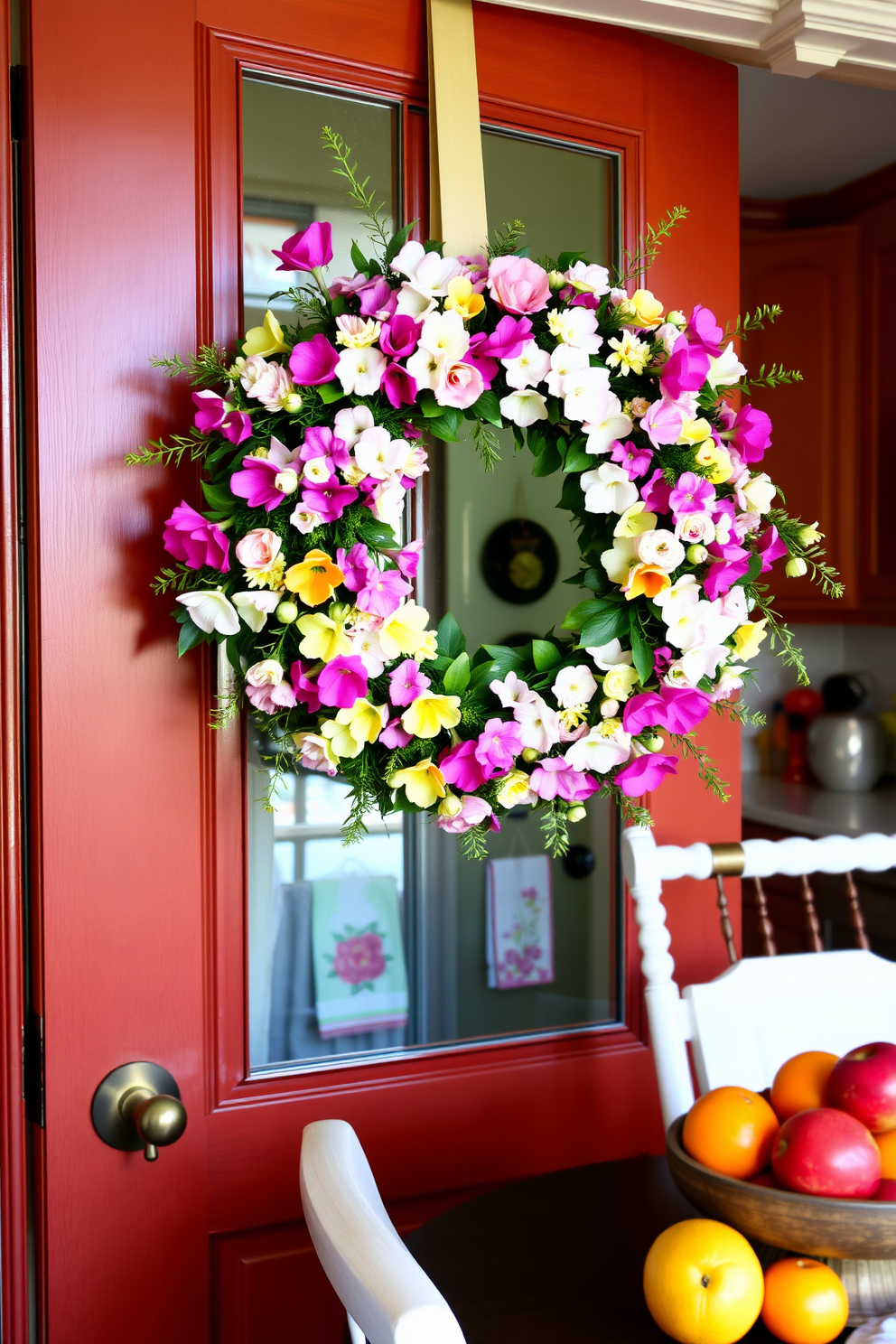 A vibrant seasonal wreath adorns the kitchen door, bursting with fresh blooms and greenery that capture the essence of spring. Inside, the kitchen is decorated with pastel-colored accents, including floral dish towels and a cheerful table centerpiece of seasonal fruits.