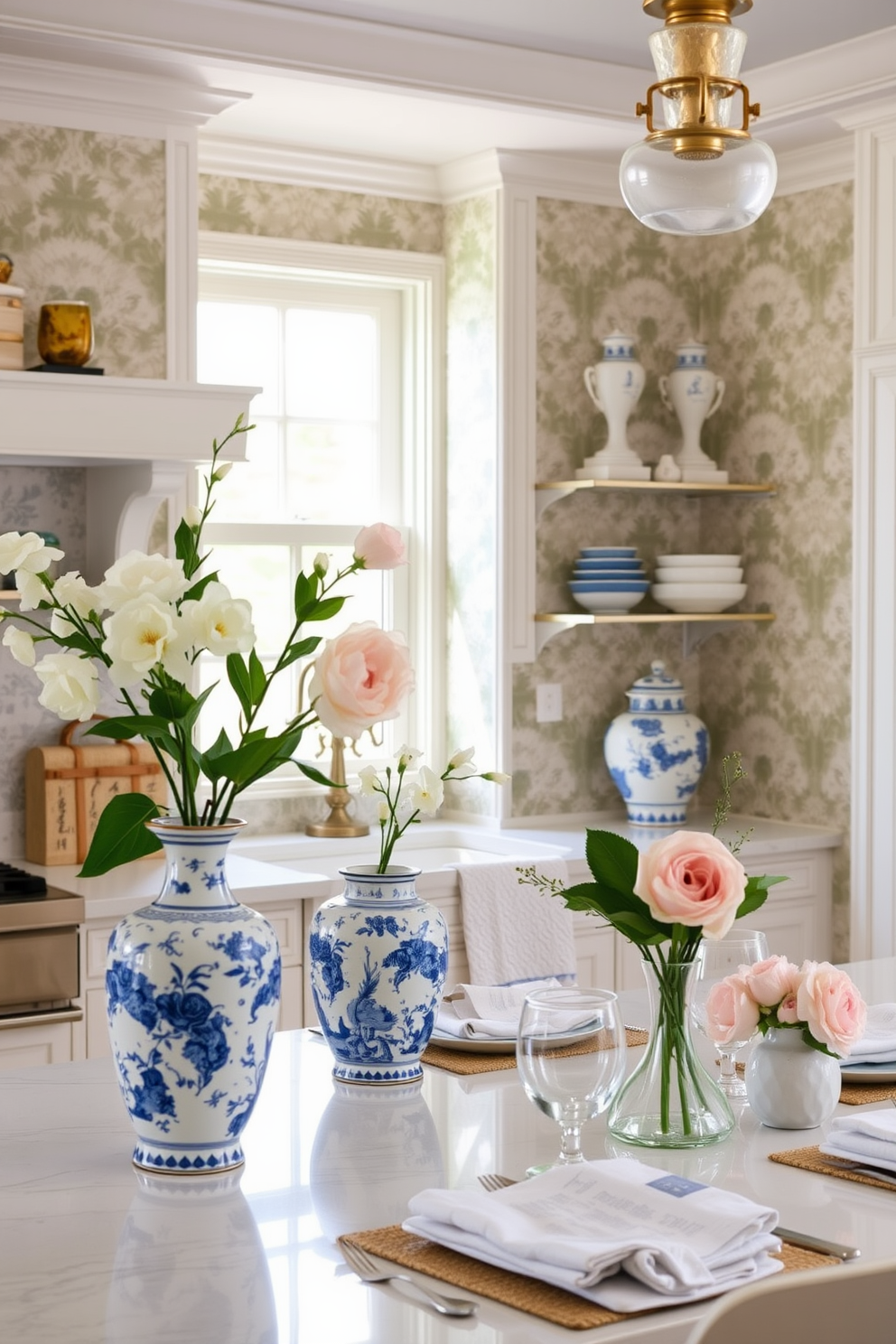 A bright and airy kitchen featuring Chinoiserie accents. Delicate blue and white porcelain vases adorn the countertops, while intricate wallpaper with floral patterns adds a touch of elegance. Fresh spring decor elements bring life to the space. Soft pastel colors are incorporated through decorative towels and table settings, creating a cheerful and inviting atmosphere.