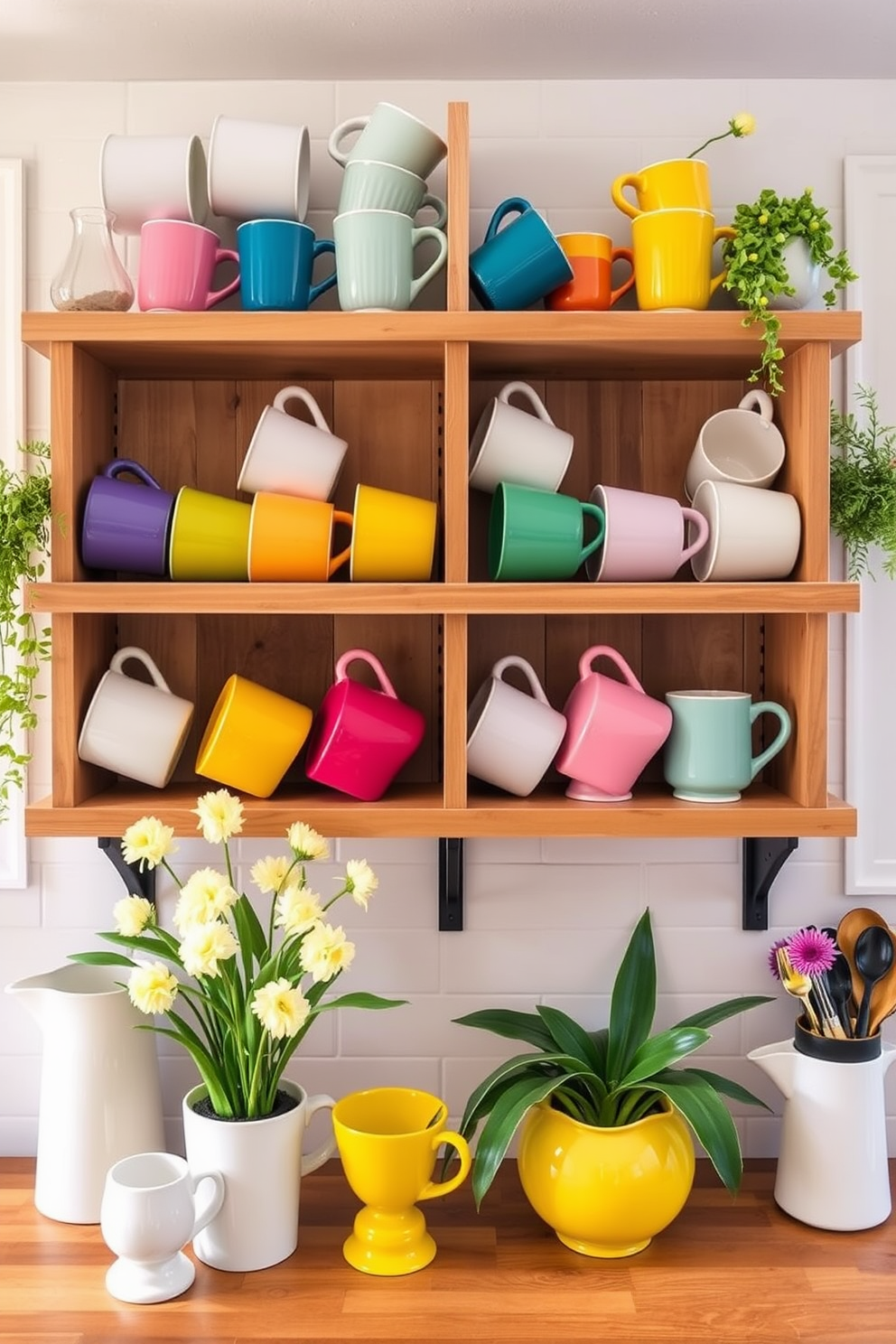 Display colorful mugs on open wooden shelves arranged in a neat and organized manner. Surround the mugs with fresh green plants and bright kitchen accessories to create a lively spring atmosphere.