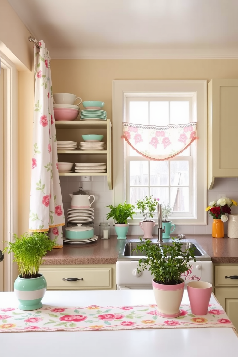 A charming kitchen adorned with pastel-colored dishware neatly arranged on open shelving. The walls are painted in a soft cream hue, creating a warm and inviting atmosphere. Brightly colored accents, such as floral curtains and a cheerful table runner, enhance the spring theme. Fresh herbs in decorative pots are placed on the windowsill, adding a touch of greenery and life to the space.