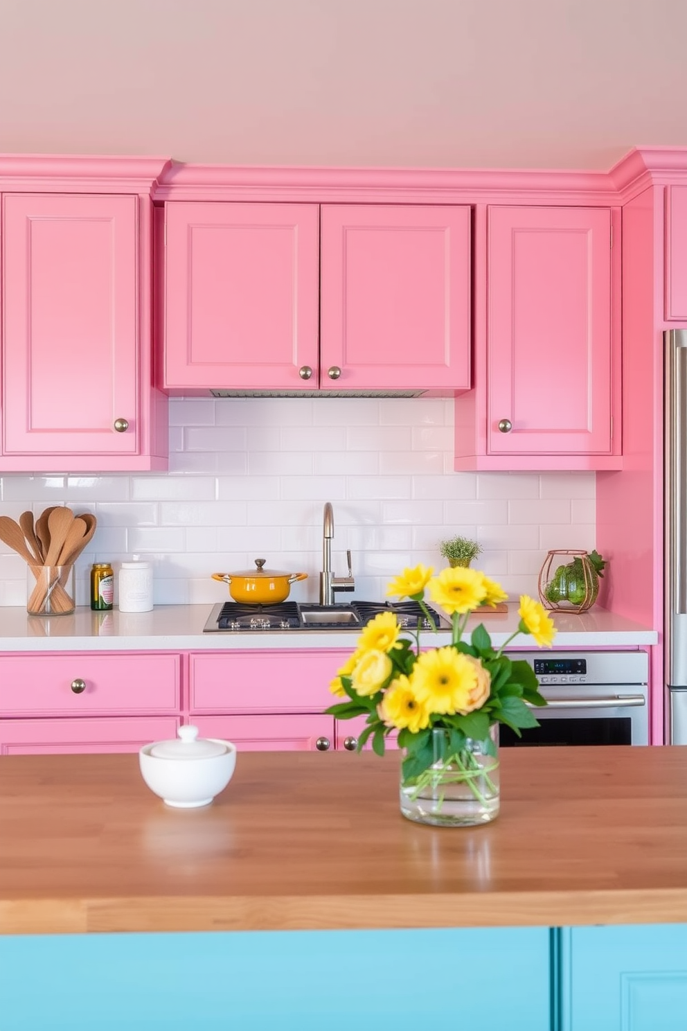 Brightly painted cabinets create a vibrant atmosphere in a spring kitchen, infusing the space with energy and warmth. The cabinets are adorned with stylish hardware, and the walls are complemented by soft pastel accents to enhance the cheerful ambiance.