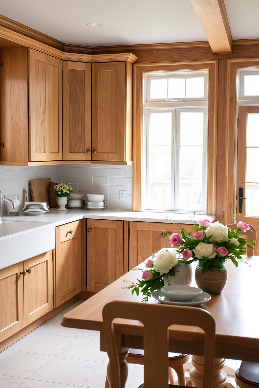 A bright and airy kitchen featuring natural wood elements. The cabinets are made of light oak, complemented by a white marble countertop and a farmhouse sink. Fresh spring decor accents the space with pastel-colored dishware and a bouquet of seasonal flowers on the table. Large windows allow natural light to flood in, highlighting the warm tones of the wood and creating a welcoming atmosphere.