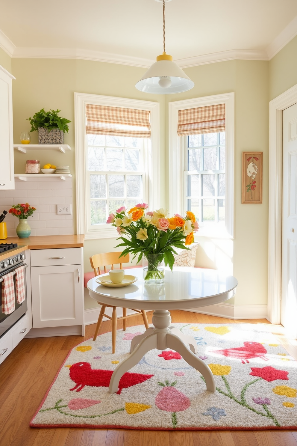 A bright and cheerful kitchen setting featuring a cozy dining nook. The space is adorned with a whimsical kitchen rug that adds a splash of color and personality to the room. Fresh flowers in a vase sit on the table, complementing the vibrant decor. The walls are painted in soft pastel tones, creating a warm and inviting atmosphere perfect for spring.