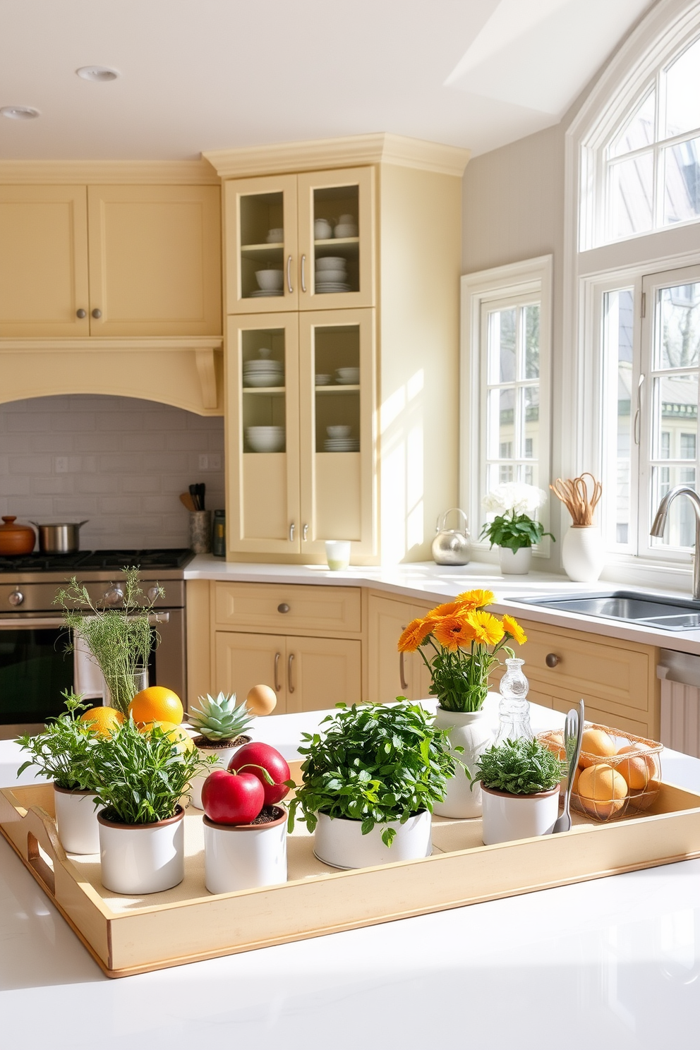 A bright and airy kitchen is adorned with decorative trays that elegantly organize various items. The trays are styled with fresh herbs in small pots, colorful fruits, and essential cooking utensils, creating a vibrant spring atmosphere. Light pastel colors dominate the space, with soft yellow cabinets and white countertops that enhance the cheerful vibe. Large windows allow natural light to flood in, illuminating the cheerful spring decor and inviting a sense of warmth and comfort.