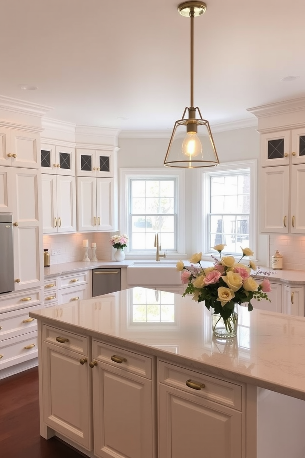 A bright and airy kitchen filled with natural light. The space features white cabinets with gold hardware and a large island topped with quartz. Brighter light fixtures hang above the island, illuminating the room with a warm glow. Fresh spring decor accents the countertops with pastel colors and floral arrangements.