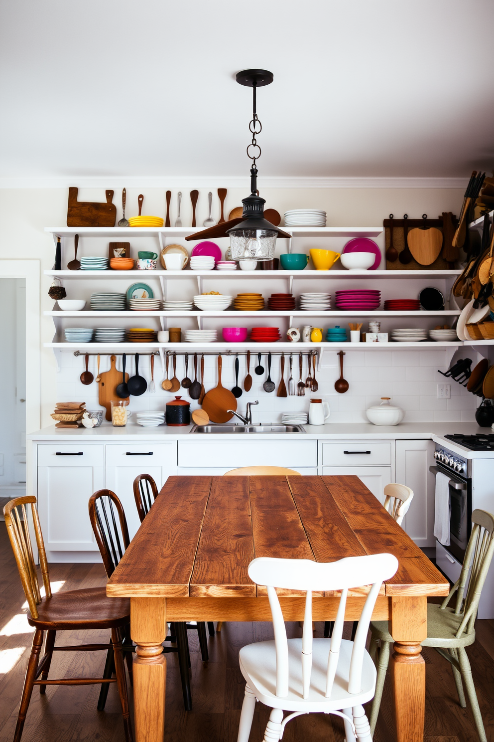 A bright and airy kitchen adorned with artful utensils hanging from the walls. The space features open shelving displaying colorful dishes and a rustic wooden table at the center, surrounded by mismatched chairs.