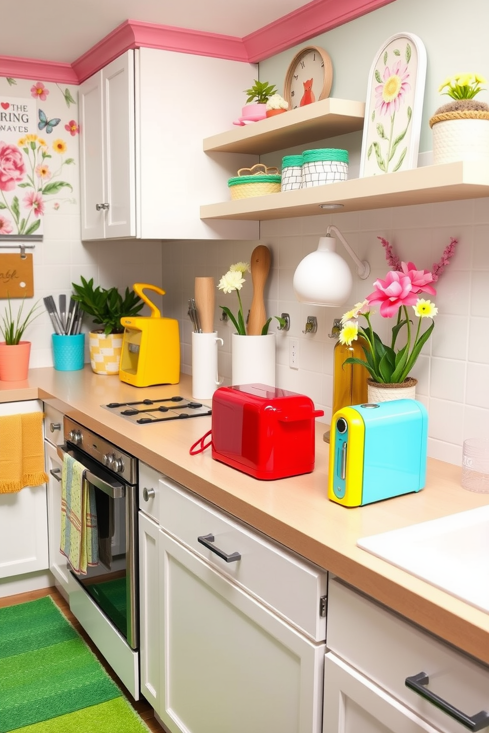 A cheerful kitchen setting filled with vibrant colors. Small appliances in bold shades of red, yellow, and turquoise are strategically placed on the countertop to create a lively atmosphere. The walls are adorned with fresh spring-themed decor, featuring floral patterns and pastel accents. A bright green rug adds a pop of color underfoot, complementing the overall cheerful vibe of the space.