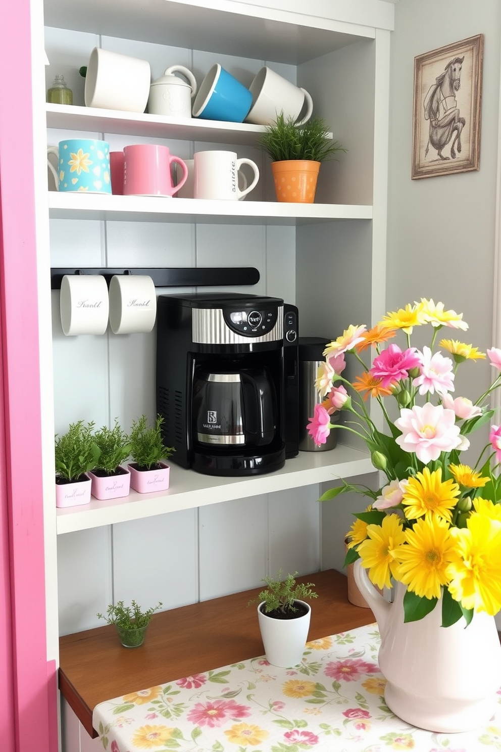 Create a coffee station that exudes charm and functionality. Incorporate open shelving to display colorful mugs and a stylish coffee maker, surrounded by fresh herbs in small pots. Opt for a bright color palette with pastel accents to evoke a cheerful spring vibe. Add decorative elements like a patterned tablecloth and a vase filled with seasonal flowers to enhance the inviting atmosphere.