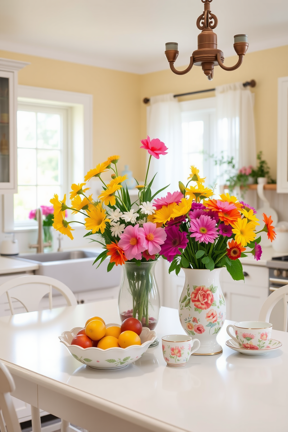 A bright and airy kitchen filled with playful spring-themed decor. Cheerful pastel colors adorn the walls, while fresh flowers in vibrant hues are arranged in a large vase on the dining table. The countertops are decorated with whimsical dishware featuring floral patterns. A charming fruit bowl filled with seasonal fruits adds a pop of color, and light, sheer curtains flutter gently in the spring breeze.