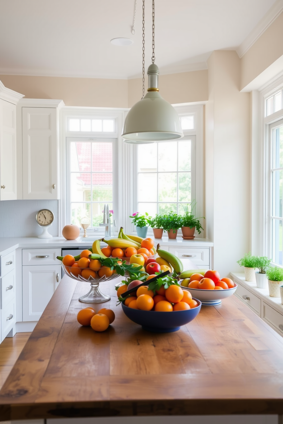 A bright and airy kitchen filled with natural light. The centerpiece is a large wooden table adorned with vibrant fruit bowls overflowing with fresh oranges, apples, and bananas. The walls are painted in a soft pastel hue, complementing the white cabinetry. Fresh herbs in small pots line the windowsill, adding a touch of greenery and freshness to the space.