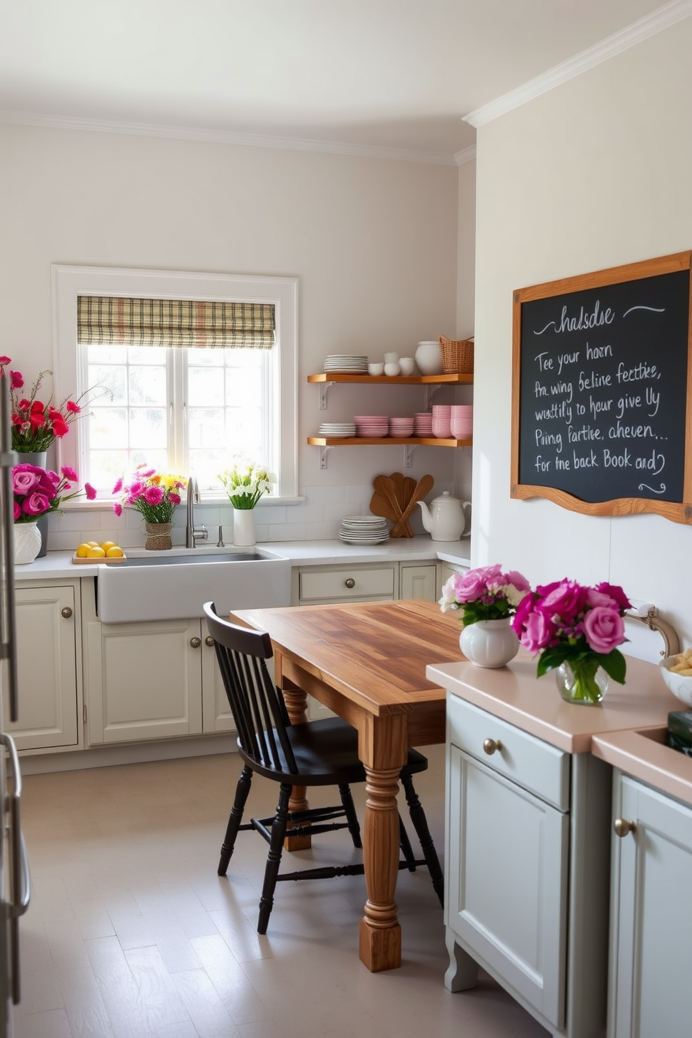 A bright and airy kitchen featuring a large chalkboard mounted on the wall, perfect for writing seasonal messages. The space is adorned with fresh flowers in vibrant colors and pastel dishware that adds a cheerful touch to the decor. Open shelving displays neatly arranged cookbooks and decorative jars, while a rustic wooden table sits in the center, surrounded by comfortable chairs. Soft natural light filters through the window, enhancing the warm and inviting atmosphere of this spring-inspired kitchen.